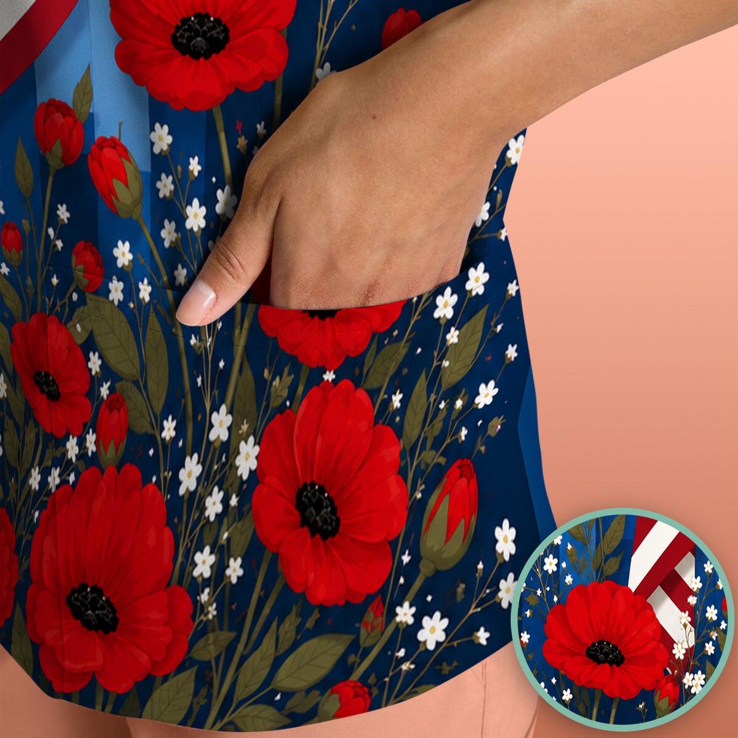 Patriotic Nurse Flag Poppy Pattern Scrub Top, Breathable Fabrics Nursing Uniform