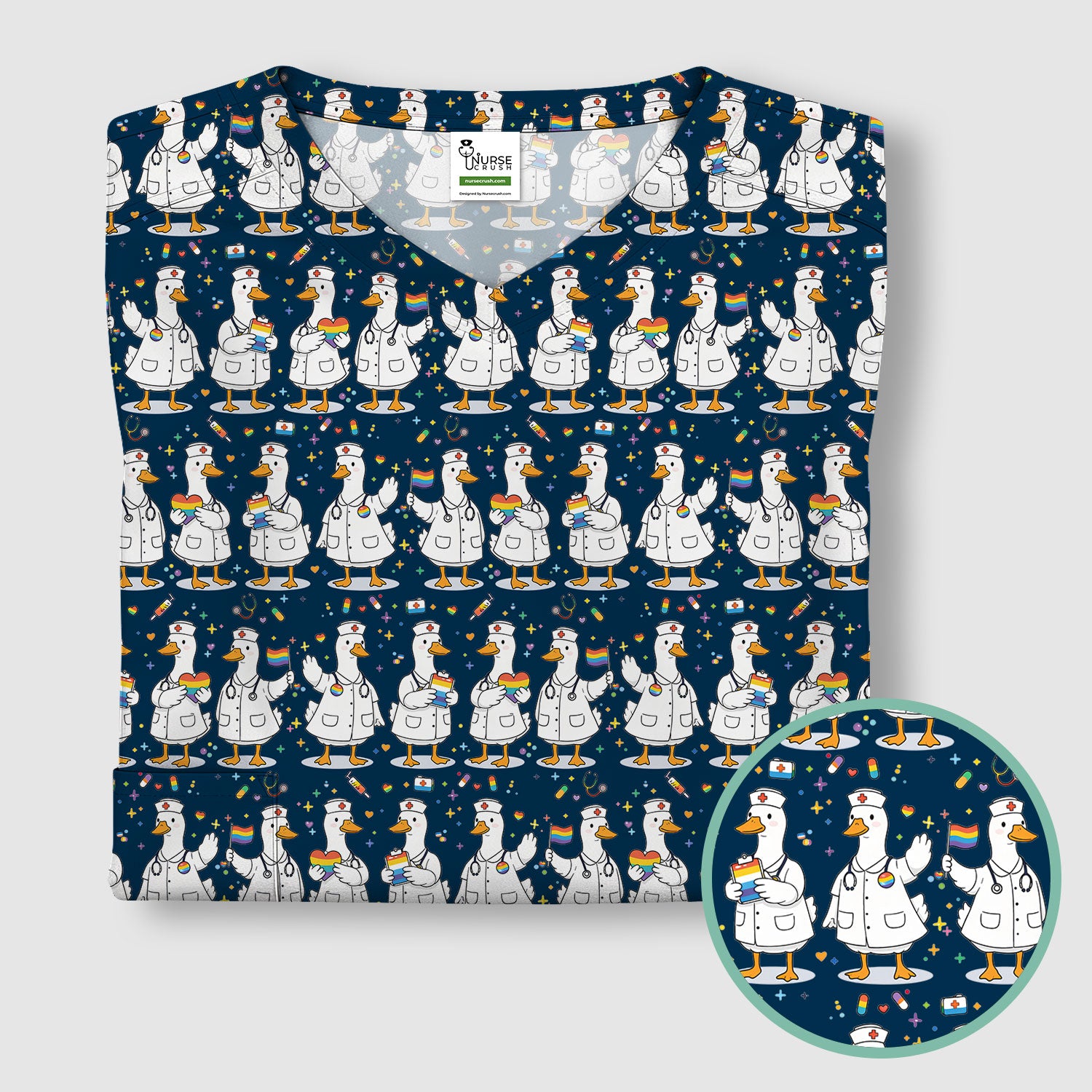 Cute Nurse Duck Pride Theme Scrub Top for Women, Breathable Nursing Uniform