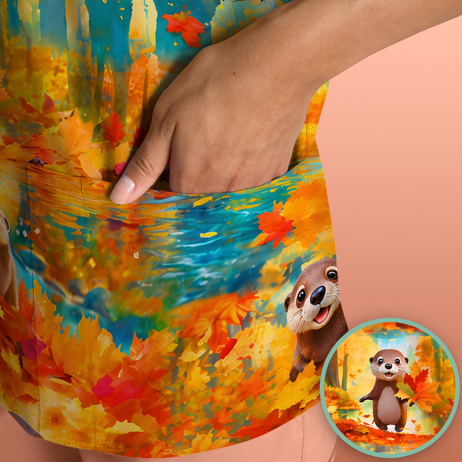 Cute Autumn Otter Leaf Forest Pattern Scrub Top, Comfortable Scrubs for Nurses