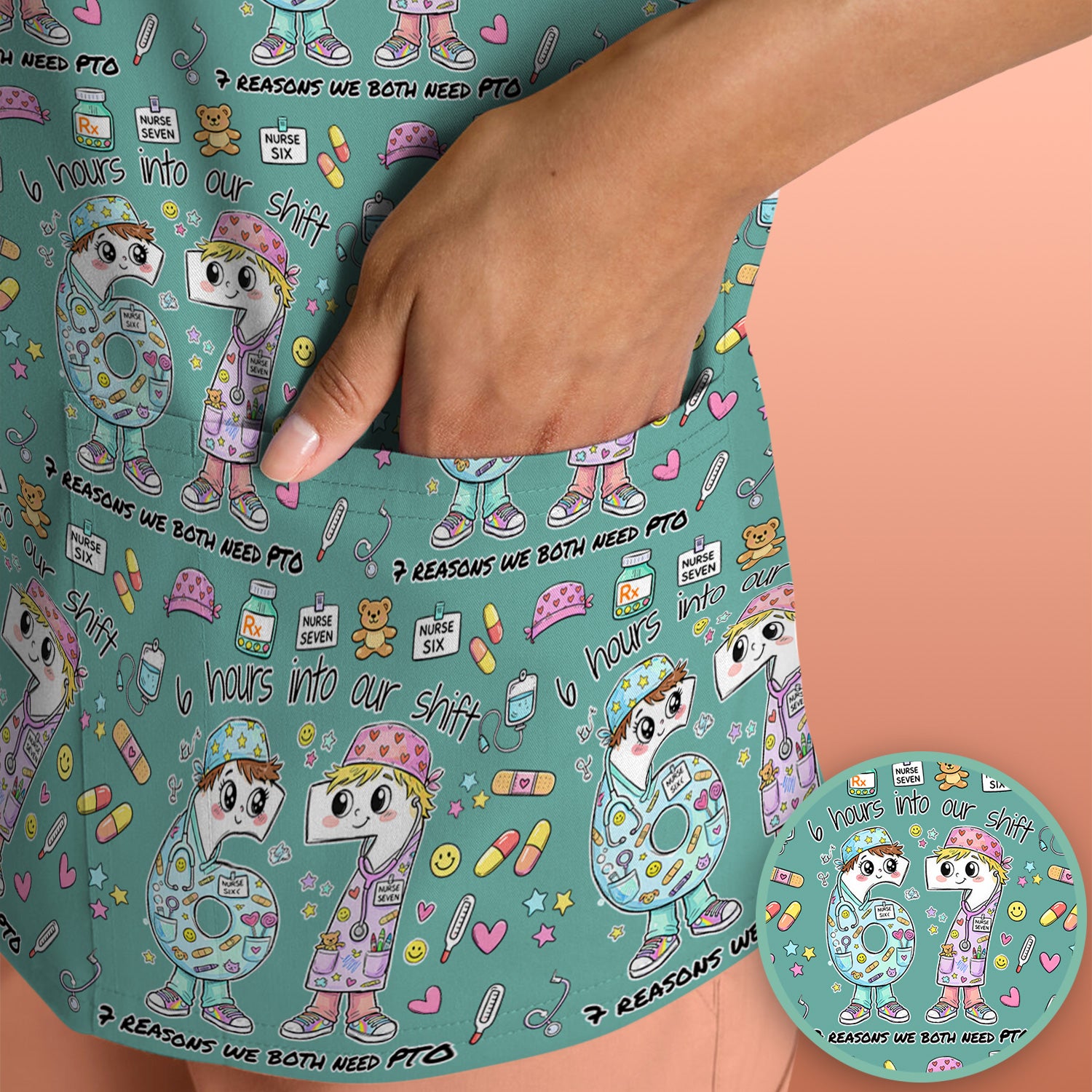 Cartoon Characters Six Hours Into Shift With Medical Doodle Scrub Top, Breathable Fabrics Nursing Uniform