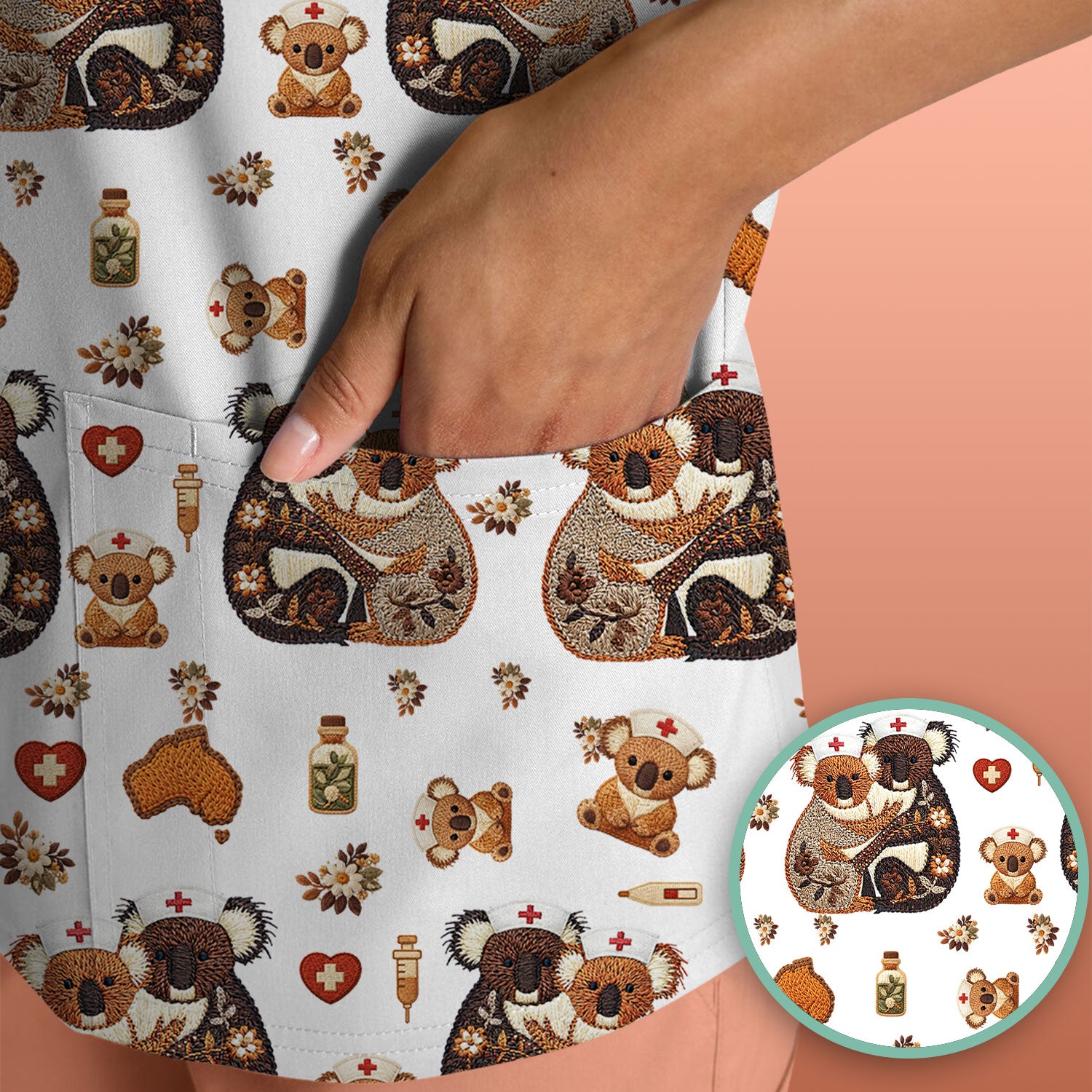 Cute Cartoon Koala Valentine Nurse Design Scrub Top, Breathable Fabrics Nursing Uniform