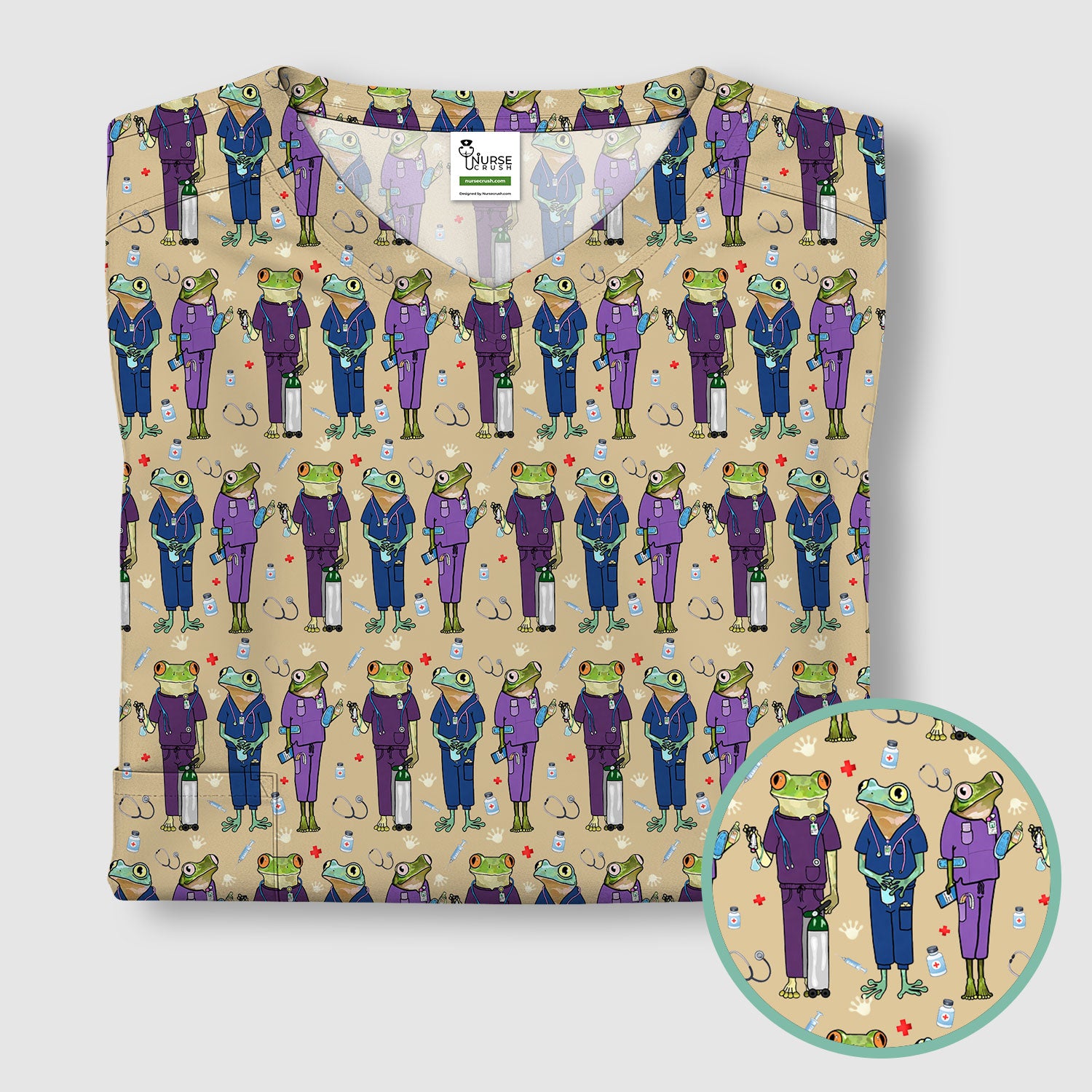 Funny Frog Nurse Pattern Scrub Top, Breathable Healthcare Uniform Top