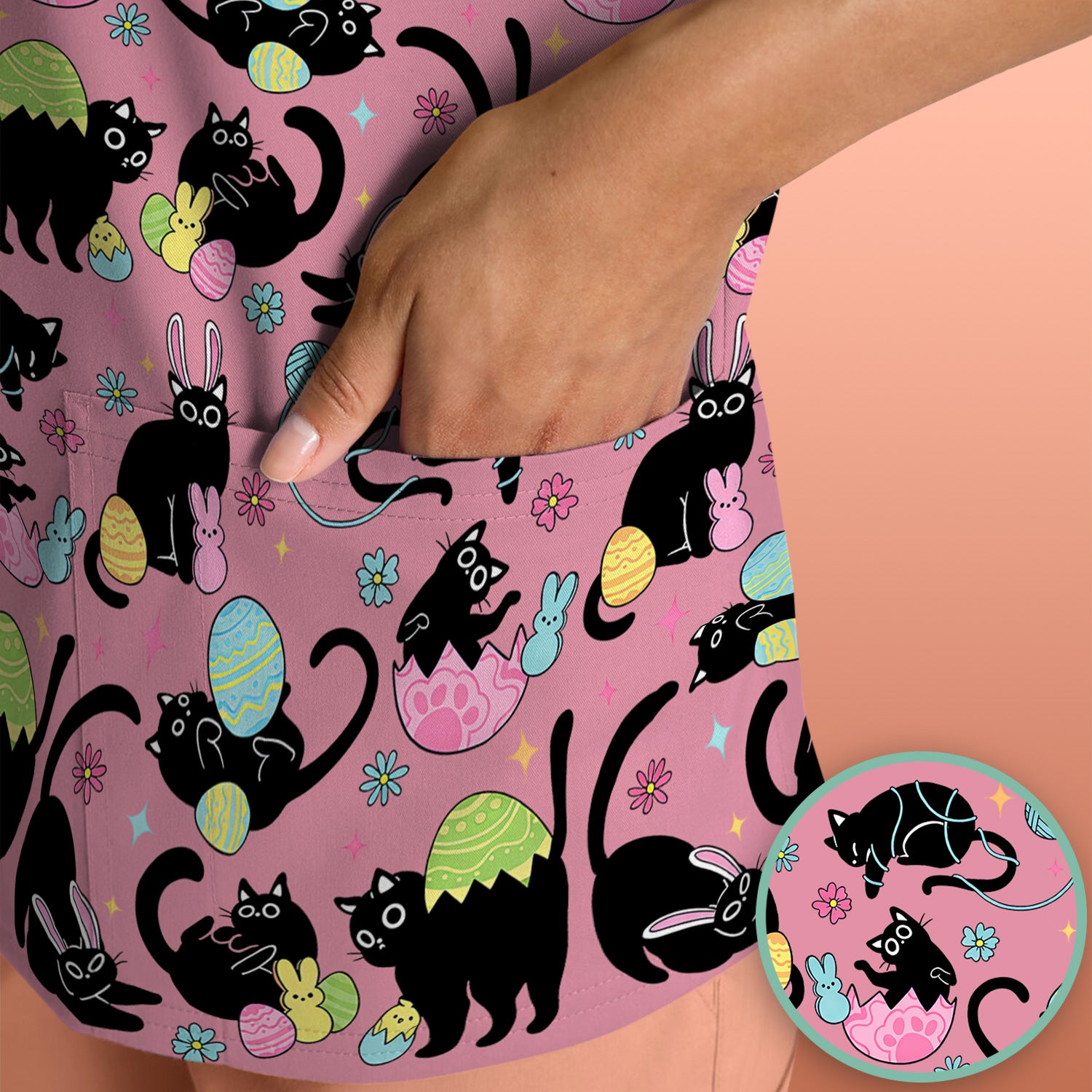 Funny Easter Black Cat Egg Pattern Scrub Top, Breathable Fabrics Nursing Uniform