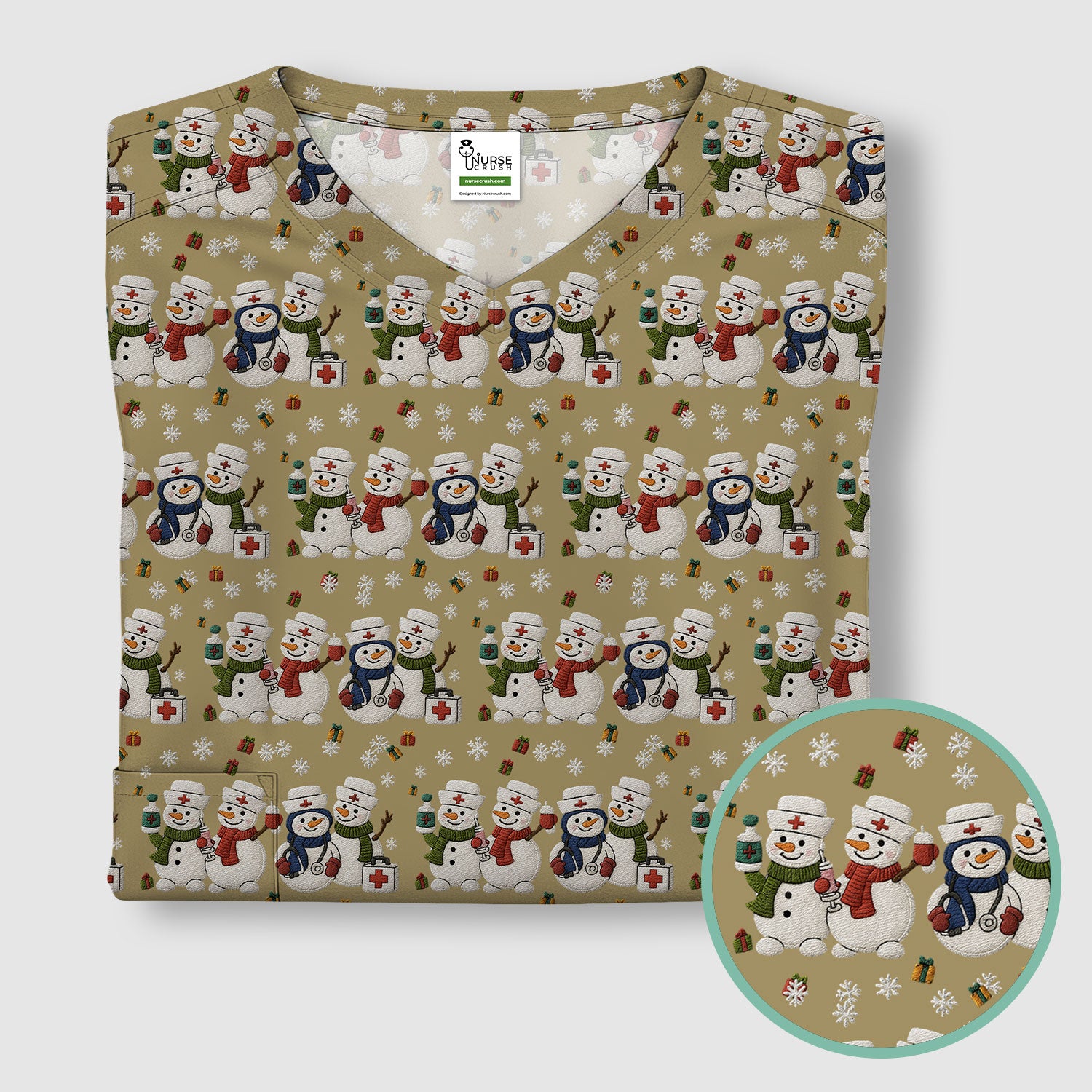 Cute Christmas Snowman Nurse Pattern Scrub Top, Breathable Fabrics Nursing Uniform
