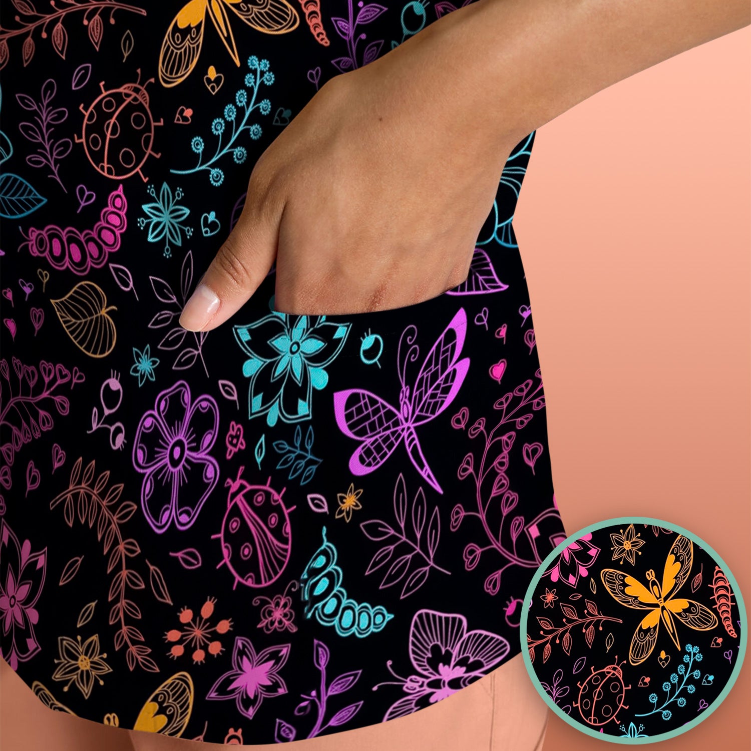 Neon Butterfly and Floral Garden Pattern Scrub Top, Comfortable Scrubs for Nurses