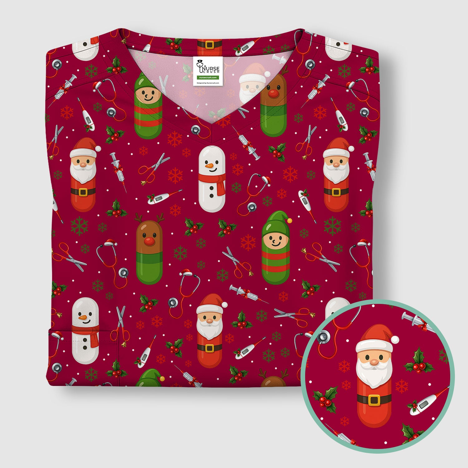 Santa Christmas Scrubs Set - Fun Holiday Pattern with Reindeer and Snowman - Cute Medical Scrub Top and Pants for Nurses