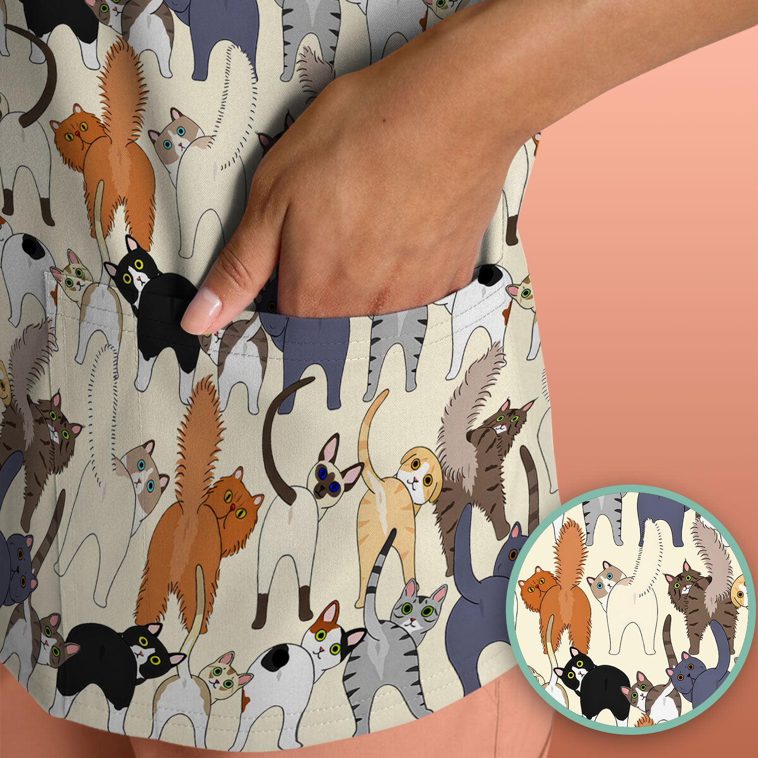 Whimsical Multicolor Cat Cartoon Pattern Scrub Top, Comfortable Scrubs for Nurses