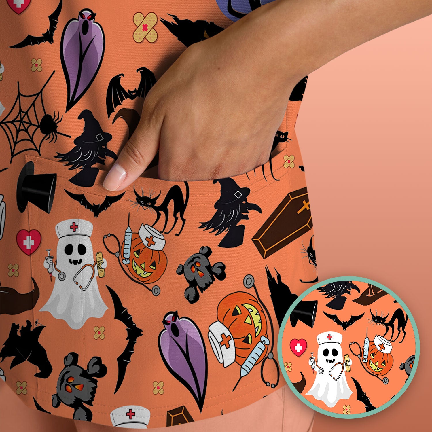 Spooky Halloween Scrub Top - Pumpkin Ghost Bat Nurse Shirt - Wicked Witch Medical Uniform for Women RN CNA LPN