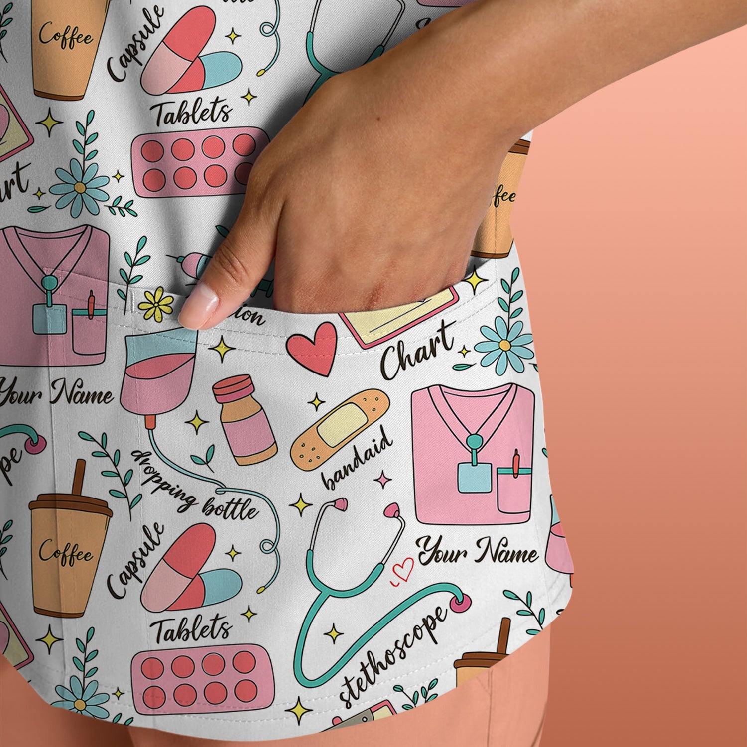 Cute Nurse Scrub - Colorful Medical Uniform Shirt with Coffee, Stethoscope & Pills - Fun RN LPN CNA Nursing Gift for Women