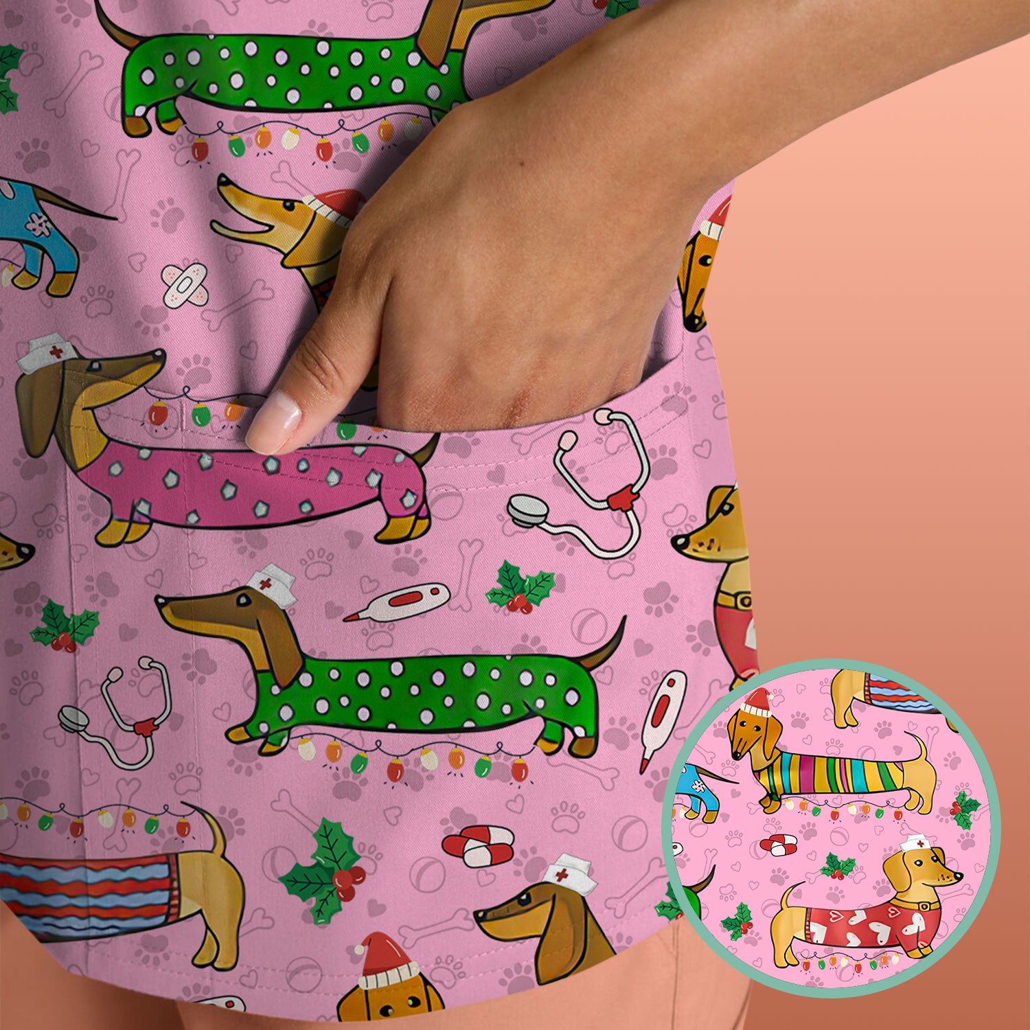 Christmas Dachshund Nurse Scrub Top - Cute Wiener Dog in Holiday Outfit - Funny Medical Shirt Gift for Women RN LPN CNA