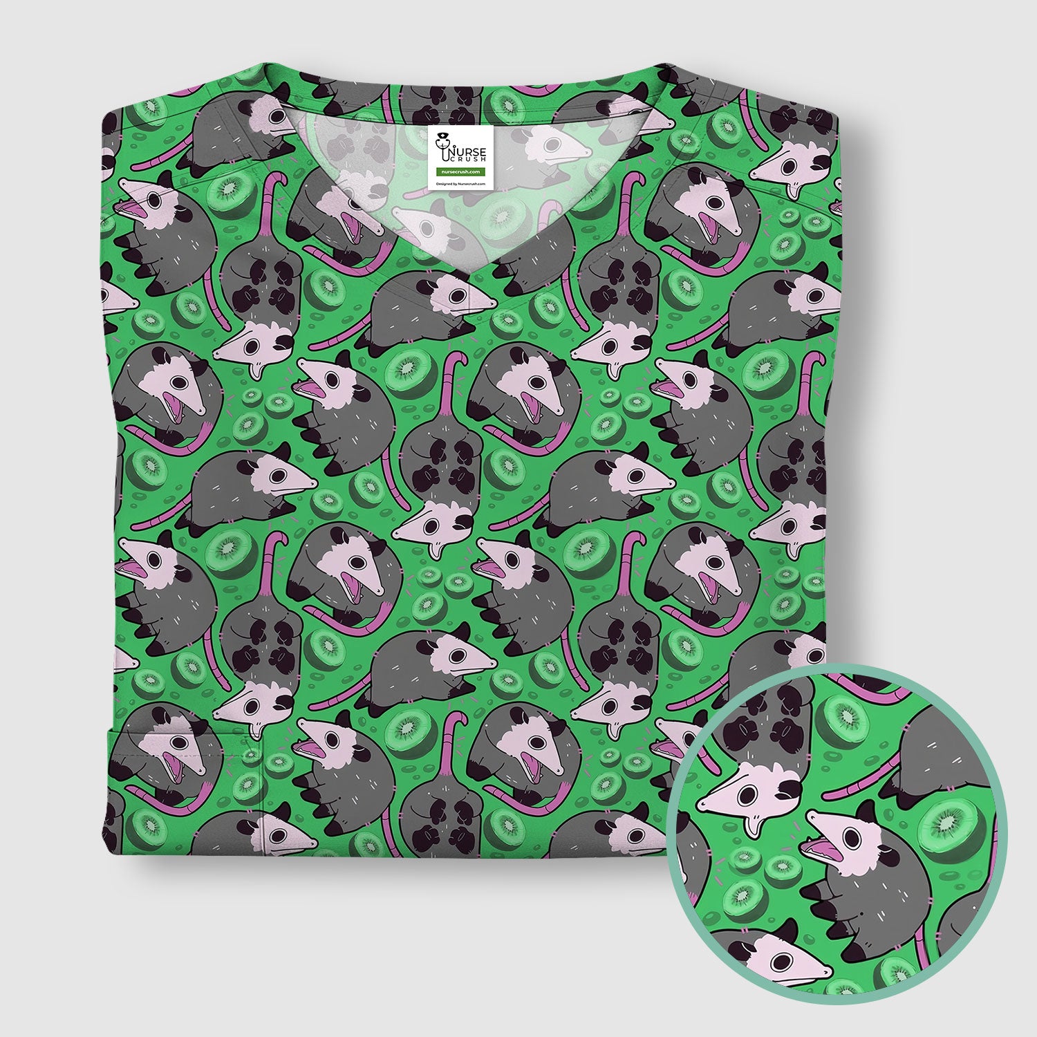 Funny Opossum Kiwi Scrub Top, Quirky Cartoon Animal Nursing Uniform