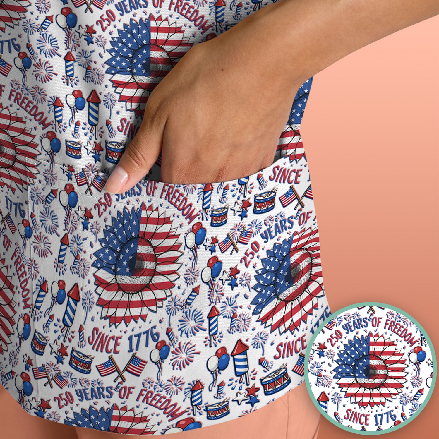 Festive Patriotic Sunflower American Flag Fireworks Pattern Scrub Top, Comfortable Scrubs for Nurses