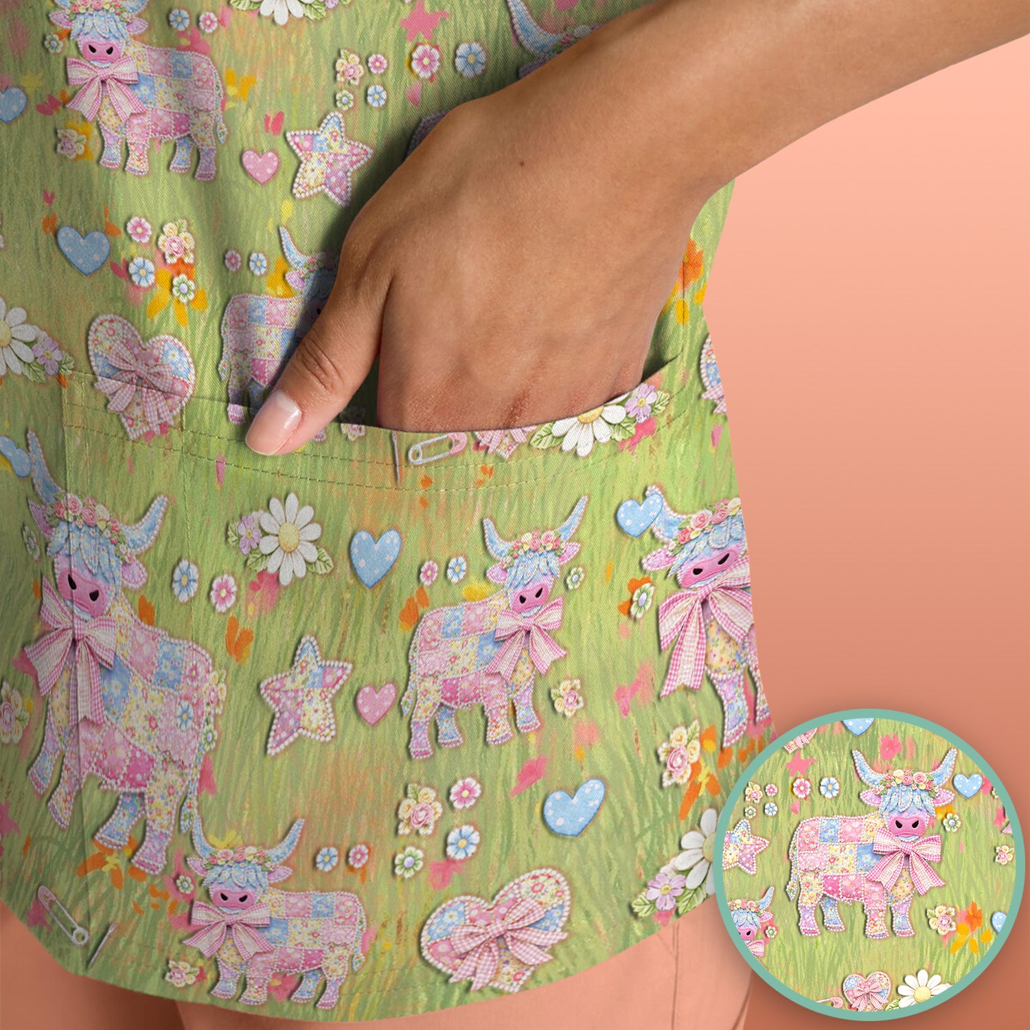 Cute Girly Cow Daisy Pastel Pattern Scrub Top, Comfortable Scrubs for Nurses
