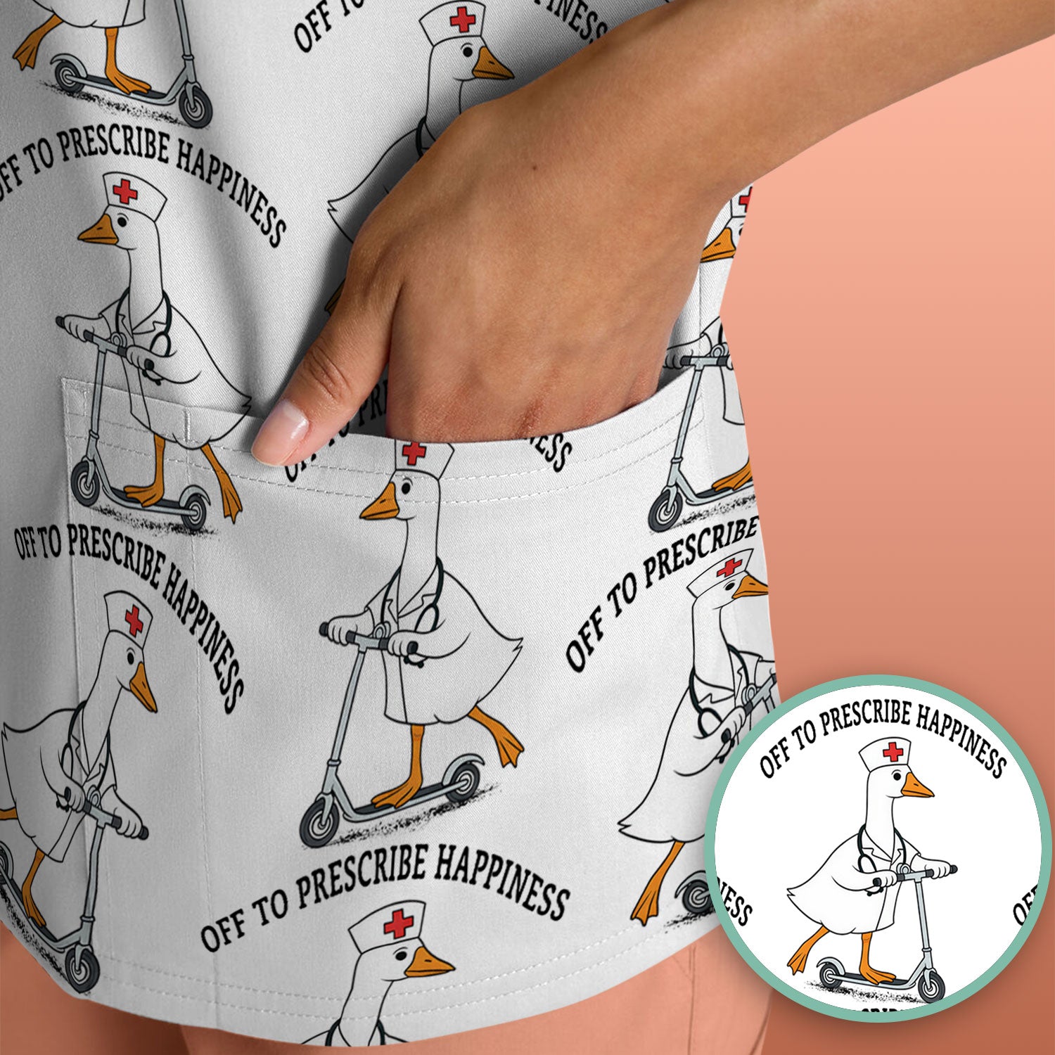 Nurse Goose Scooter Print Scrub Top, Breathable Fabrics Nursing Uniform