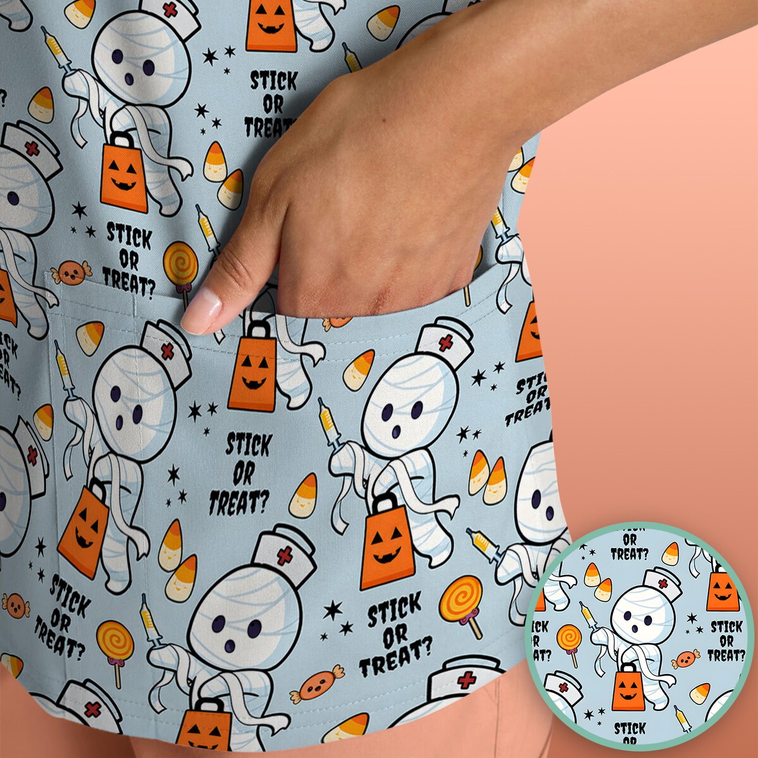 Funny Halloween Stick Or Treat Mummy Nurse Scrub Top, Comfortable Scrubs for Nurses