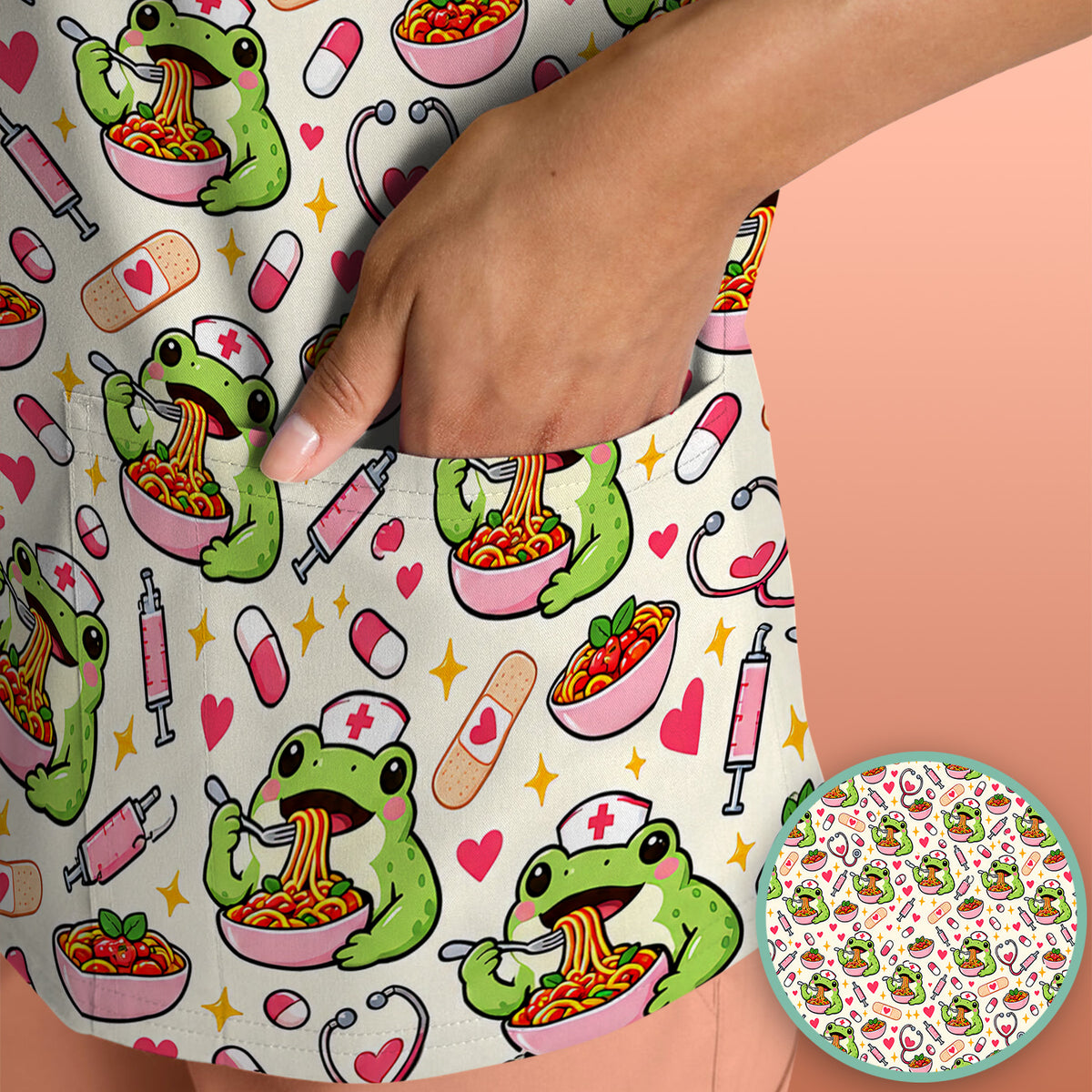 Cute Nurse Frogs Eating Noodles Scrub Top, Comfortable Scrubs for Nurses
