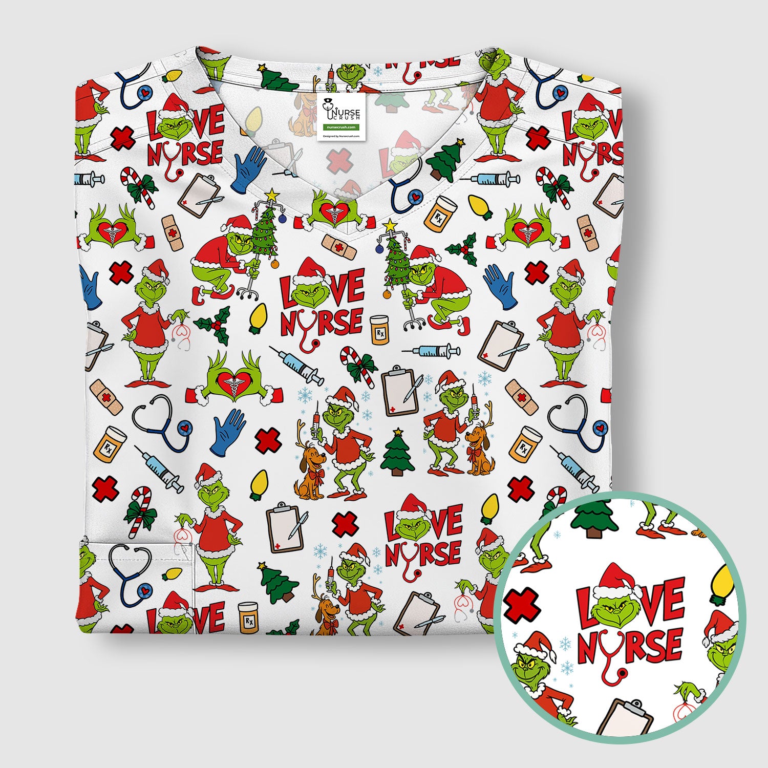 Funny Grinch Love Nurse Scrub Top - Multi Color Christmas Scrub Shirt - Cute Holiday Nursing Workwear with Pockets for Women