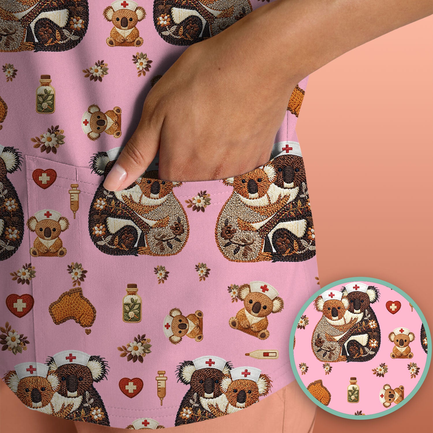Cute Cartoon Koala Valentine Nurse Design Scrub Top, Breathable Fabrics Nursing Uniform
