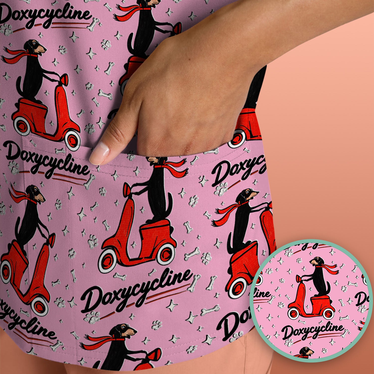 Funny Dachshund Riding Scooter Doxycycline Print Scrub Top ,Comfortable Scrubs for Nurses