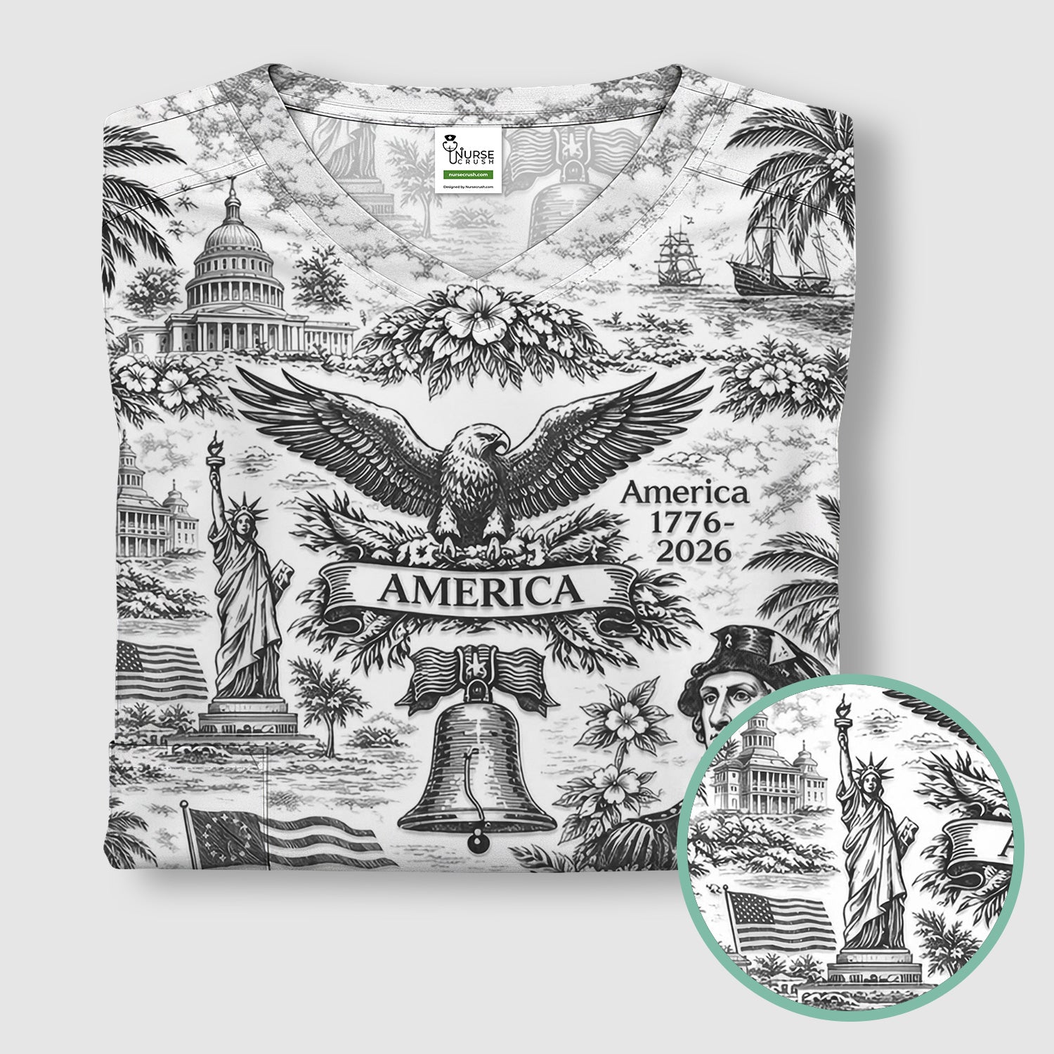 Patriotic America Heritage Toile Pattern Scrub Top, Breathable Fabrics Nursing Uniform