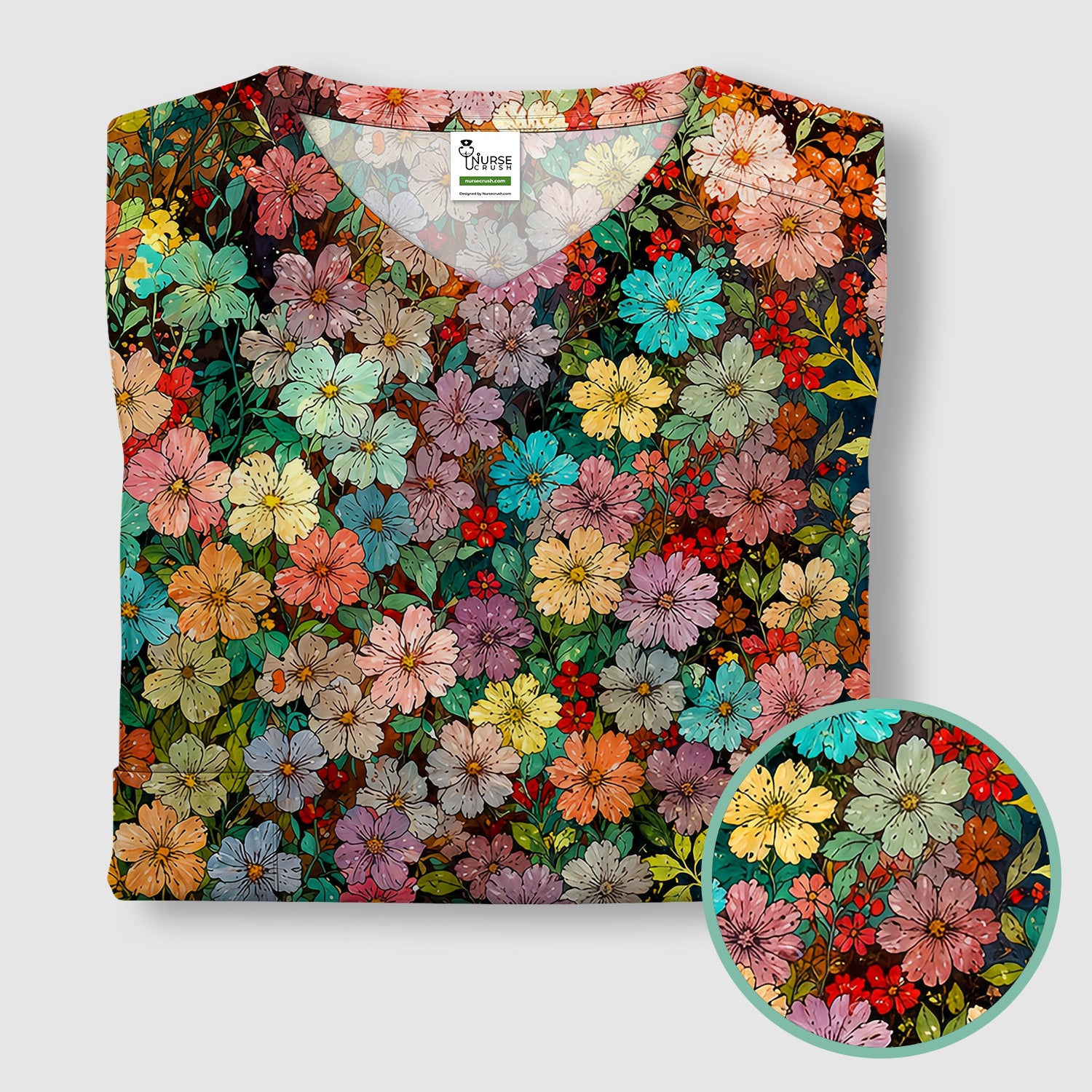 Colorful Wildflower Garden Bloom Pattern Scrub Top, Comfortable Scrubs for Nurses