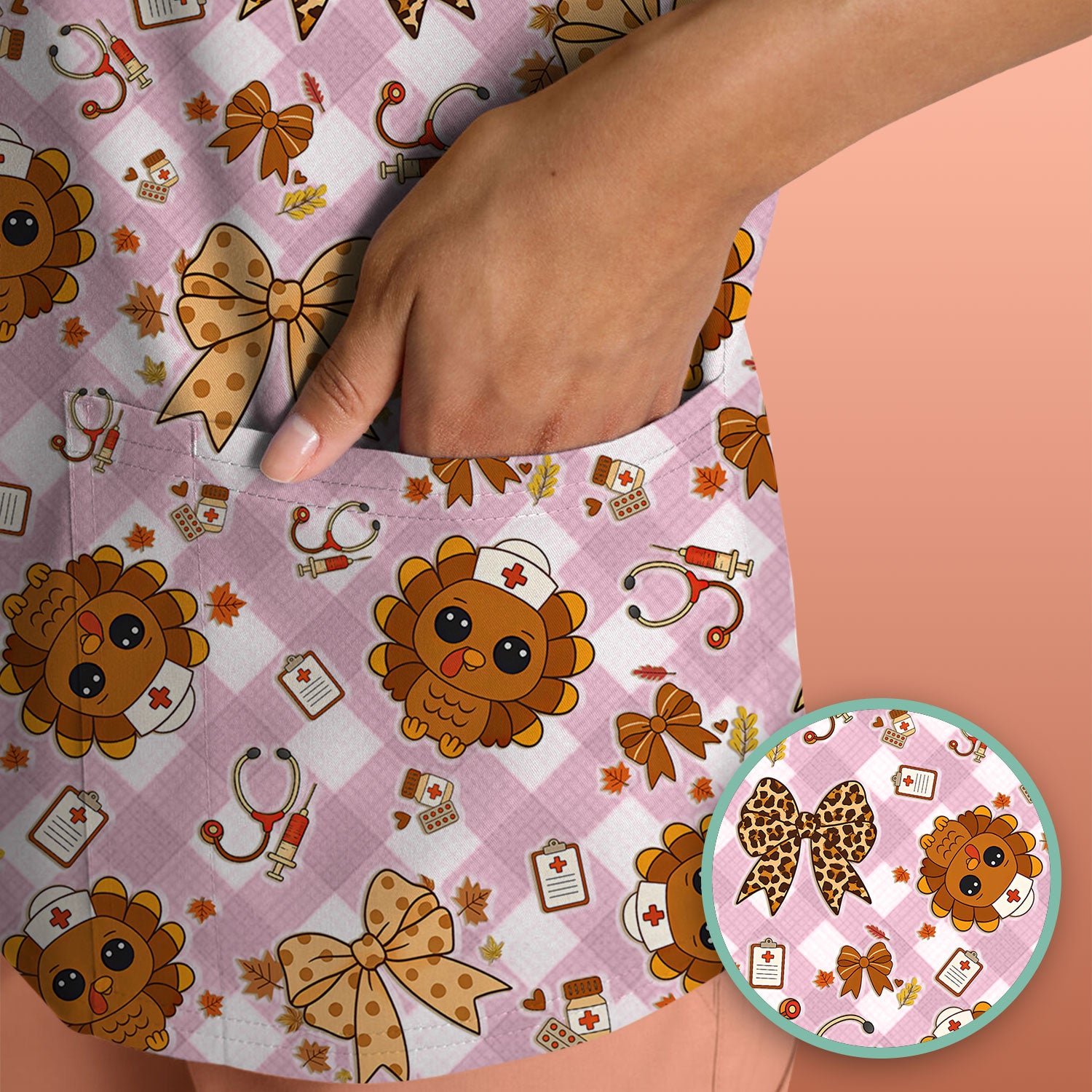 Thanksgiving Turkey Scrub Top for Nurses - Cute Fall Leaves and Bow Shirt - Funny Autumn Nursing Gift for Women RN LPN CNA