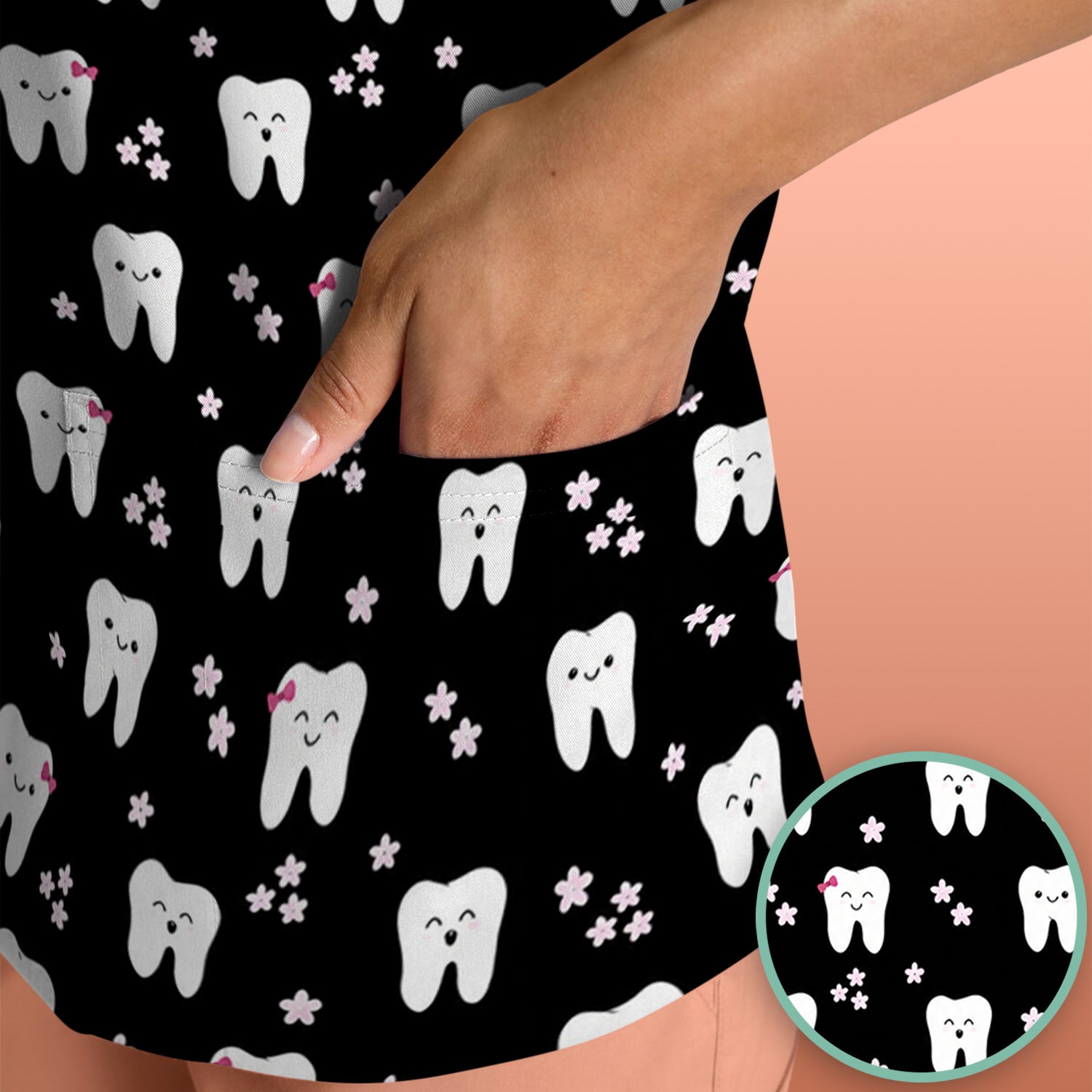 Cute Smiling Tooth And Flowers Scrub Top, Comfortable Scrubs for Nurses