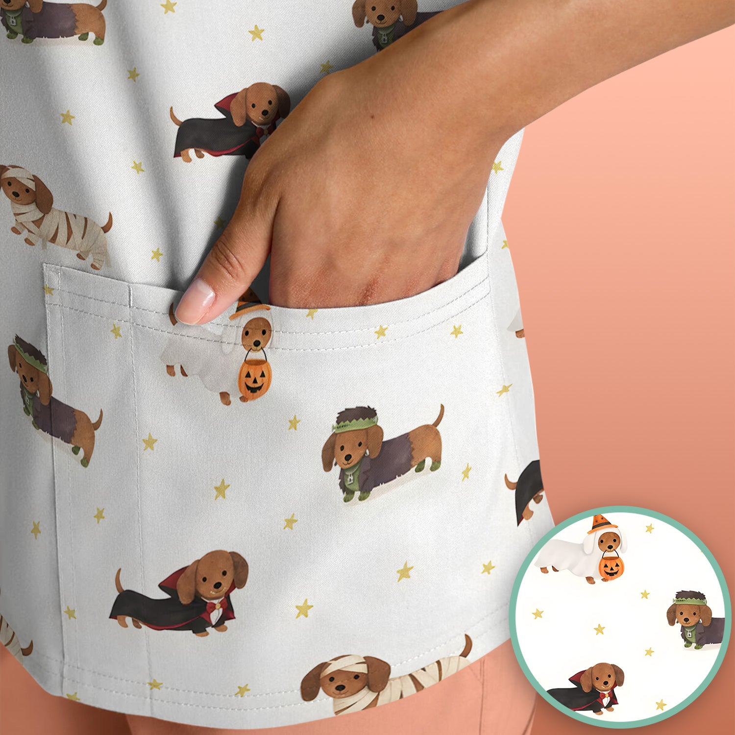 Halloween Dachshund Costumes Print Scrub Top, Comfortable Scrubs for Nurses