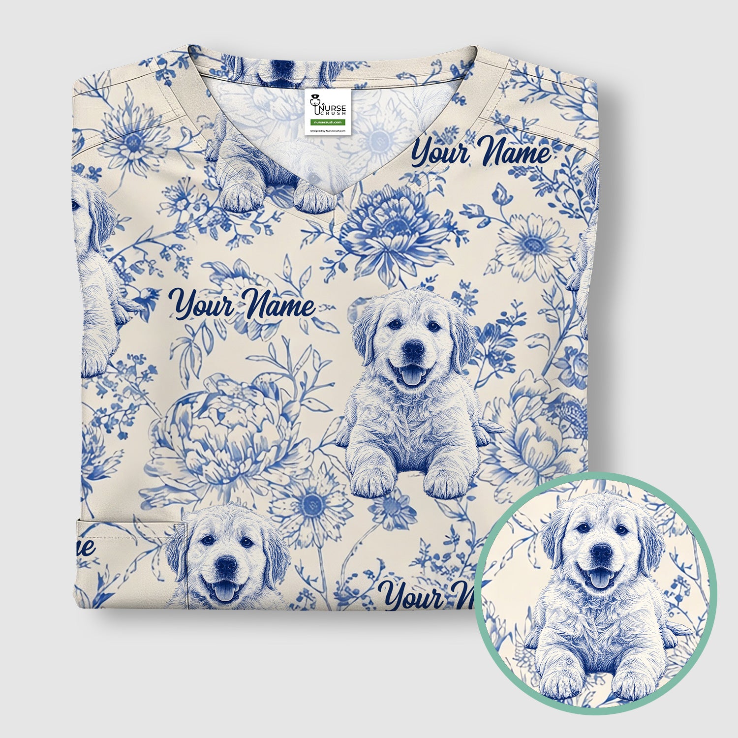 Personalized Custom Pet Photo Name Floral Pattern Scrub Top, Breathable Fabrics Nursing Uniform