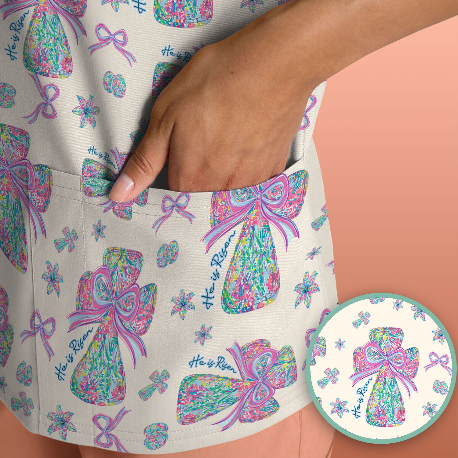 Colorful Bow Pattern Scrub Top, Breathable Fabrics Nursing Uniform