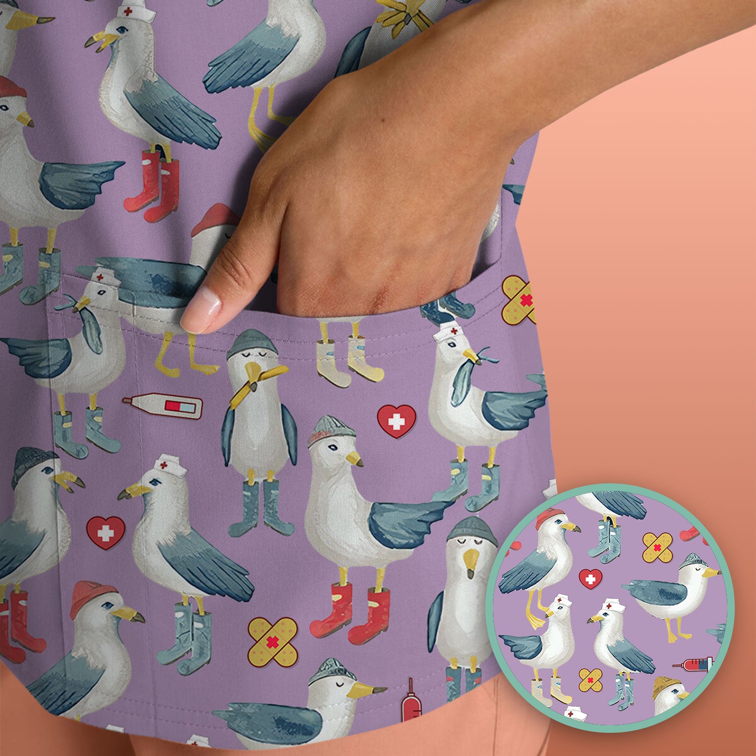 Funny Seagull Nurse Scrub Top - Cute Bird with Medical Icons - Comfortable Scrubs for Women