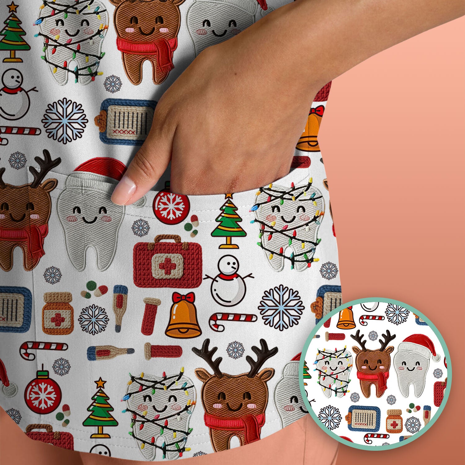 Christmas Dental Scrub Top - Cute Santa & Reindeer Tooth Shirt - Funny Holiday Medical Uniform for Dentists, Hygienists & Nurses