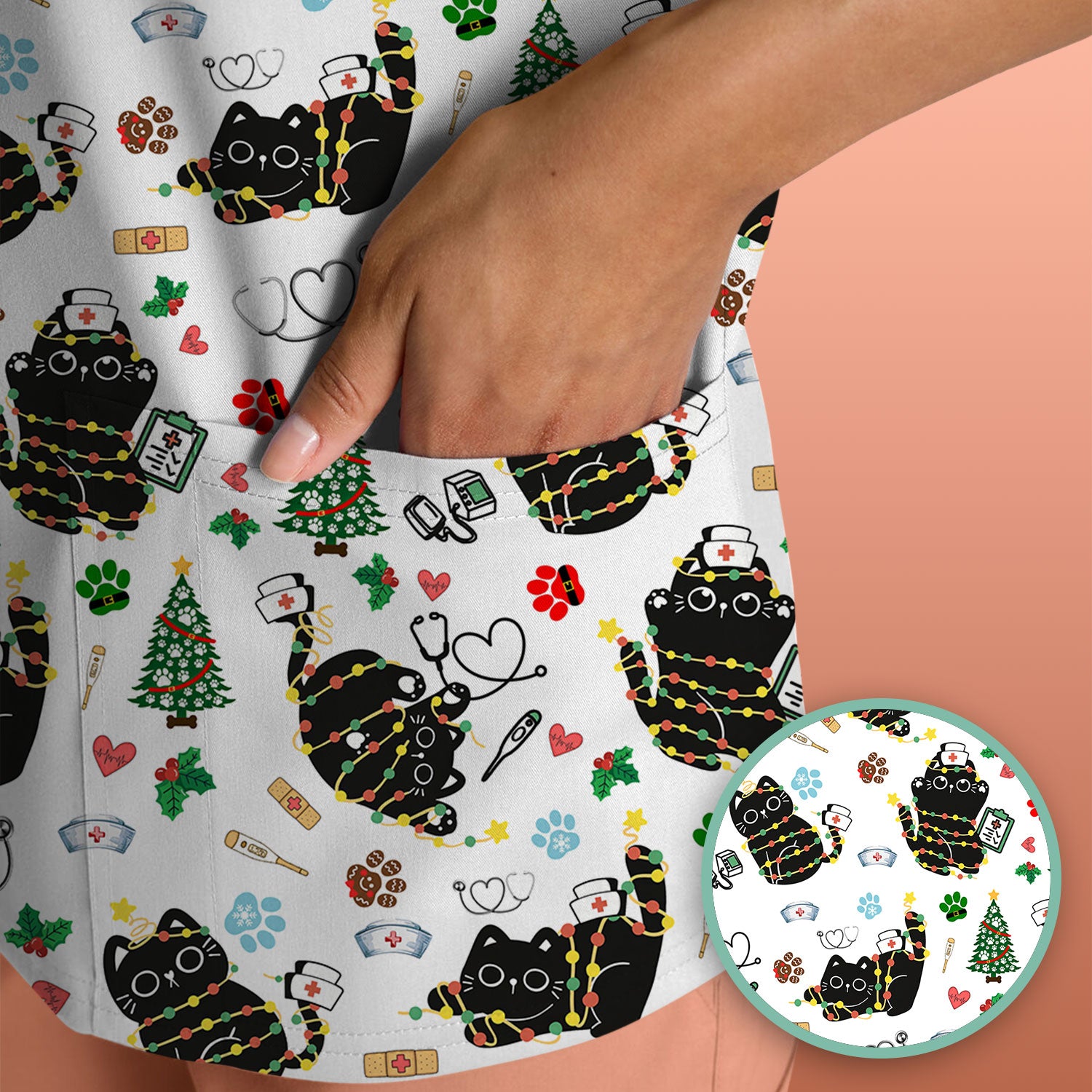Funny Black Cat Christmas Scrub Top – Cute Holiday Kitty Pattern – Festive Medical Uniform for Nurses, Vets, and Cat Lovers