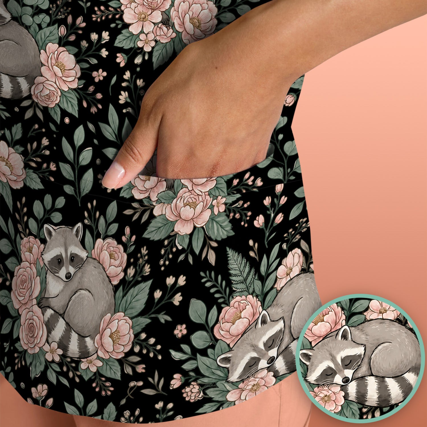 Sleeping Raccoon Rose Garden Pattern Scrub Top, Breathable Fabrics Nursing Uniform