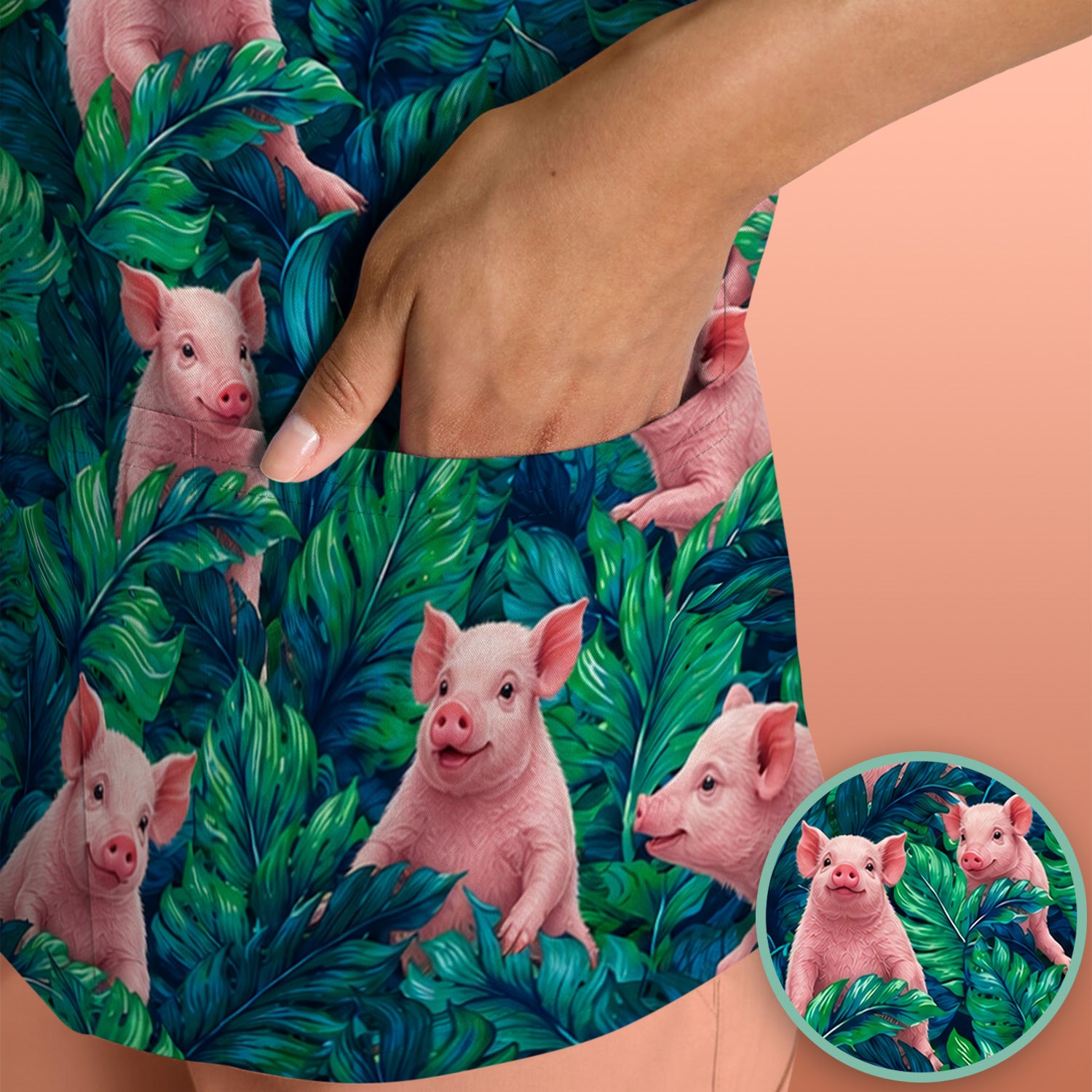 Cute Piglet Jungle Leaves Pattern Scrub Top, Comfortable Scrubs for Nurses