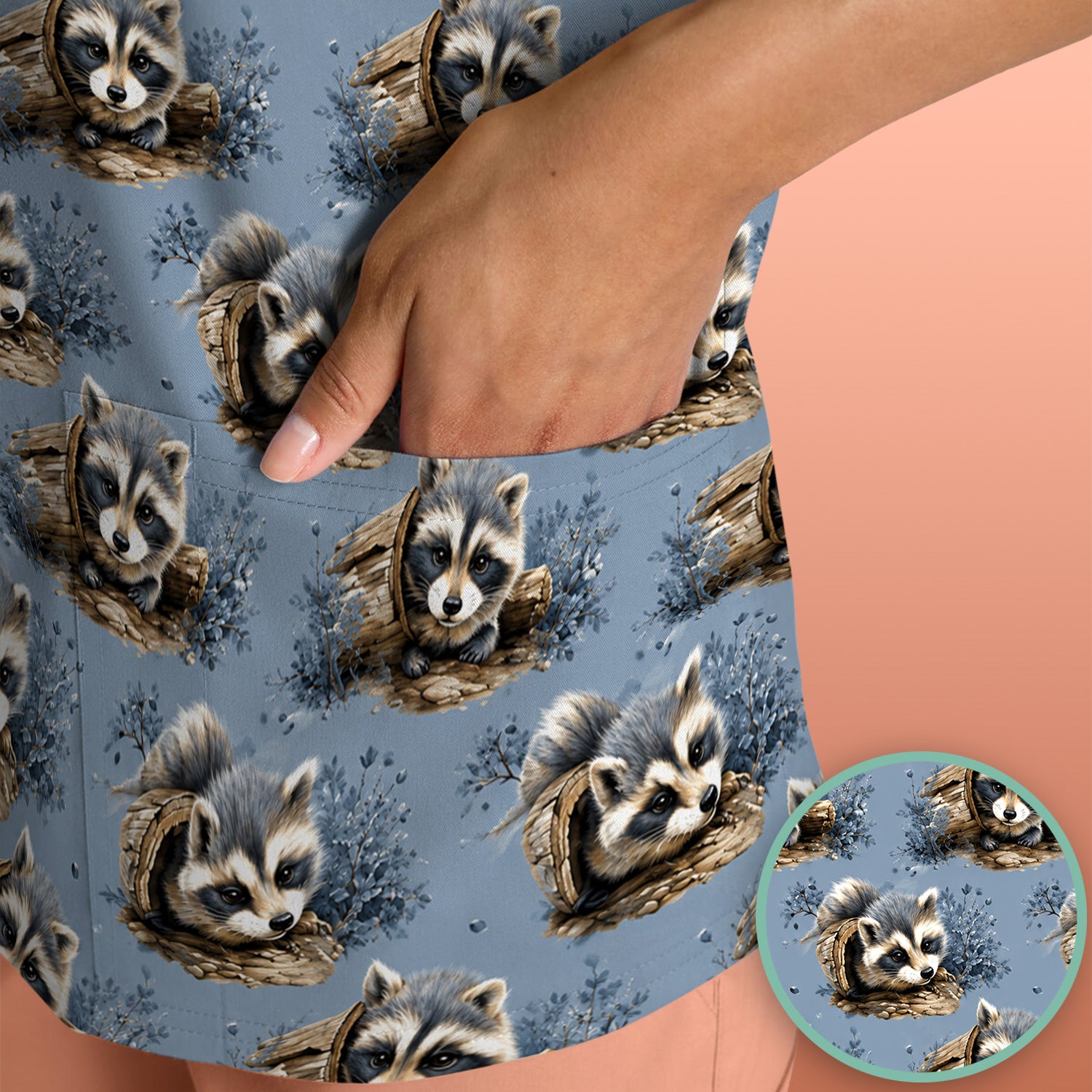 Cute Raccoon In Log Pattern Scrub Top, Comfortable Scrubs for Nurses
