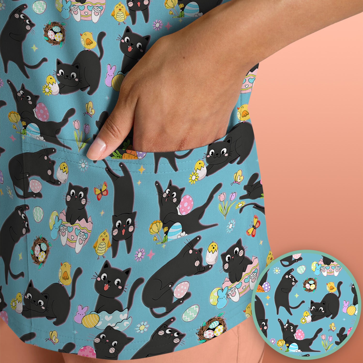 Playful Black Cat Easter Egg Pattern Scrub Top, Comfortable Scrubs for Nurses