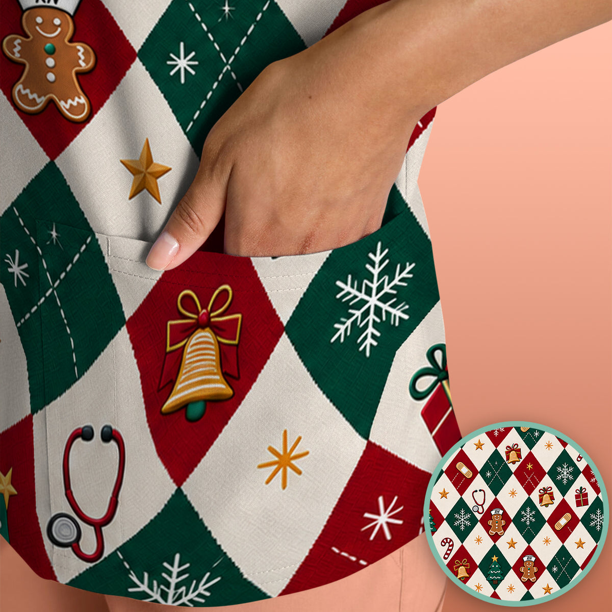 Christmas Gingerbread Nurse Argyle Scrub Top, Comfortable Scrubs for Nurses