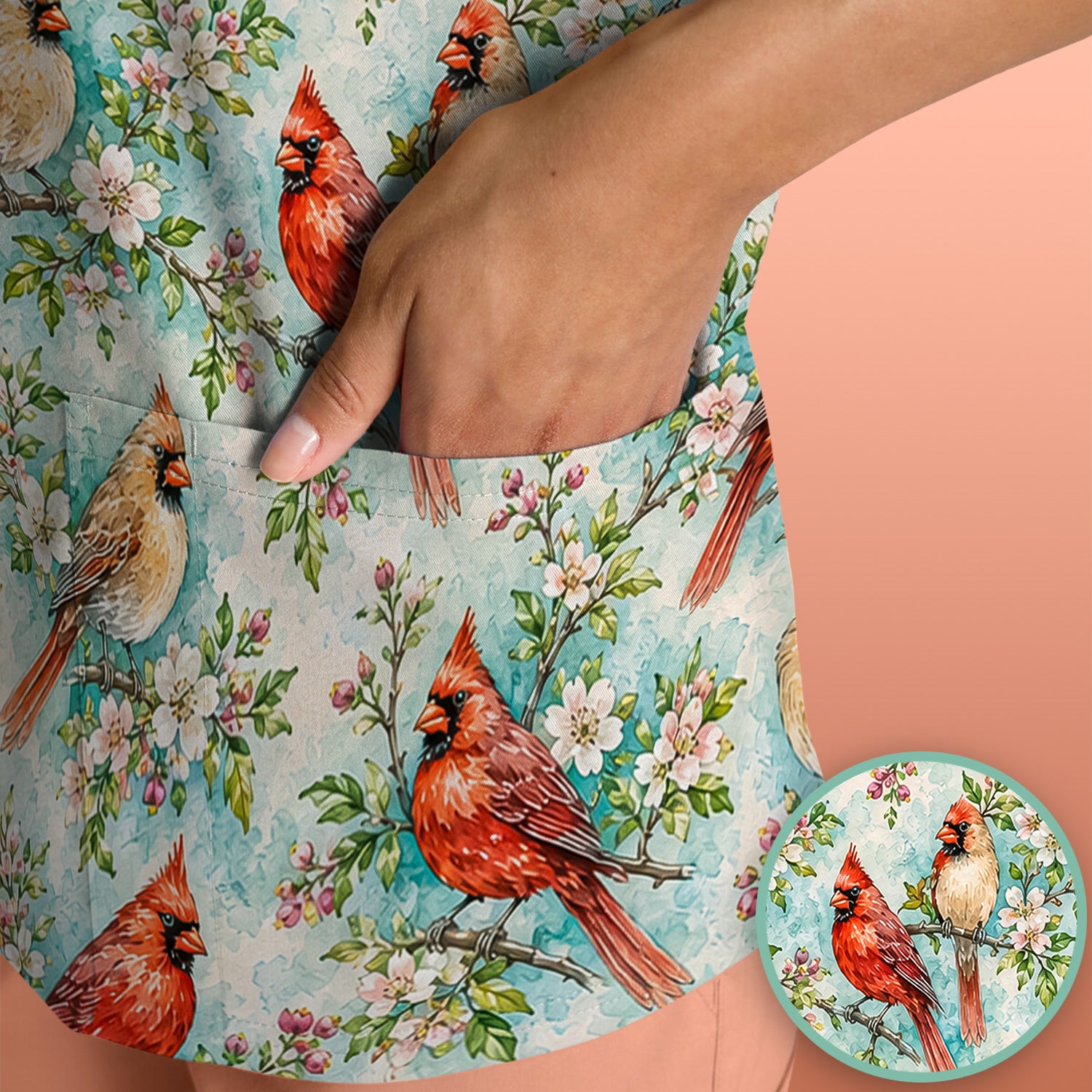 Cardinal Blossom Branch Pattern Scrub Top, Comfortable Scrubs for Nurses