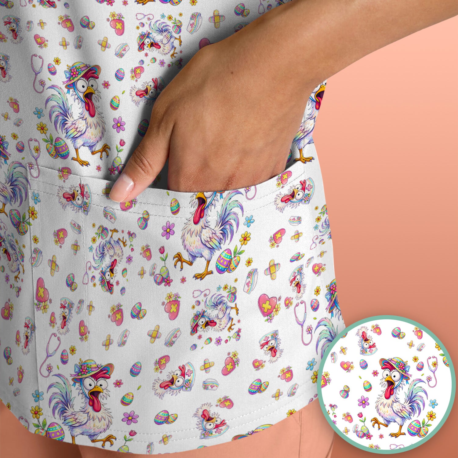 Funny Easter Nurse Chicken Pattern Scrub Top, Comfortable Scrubs for Nurses