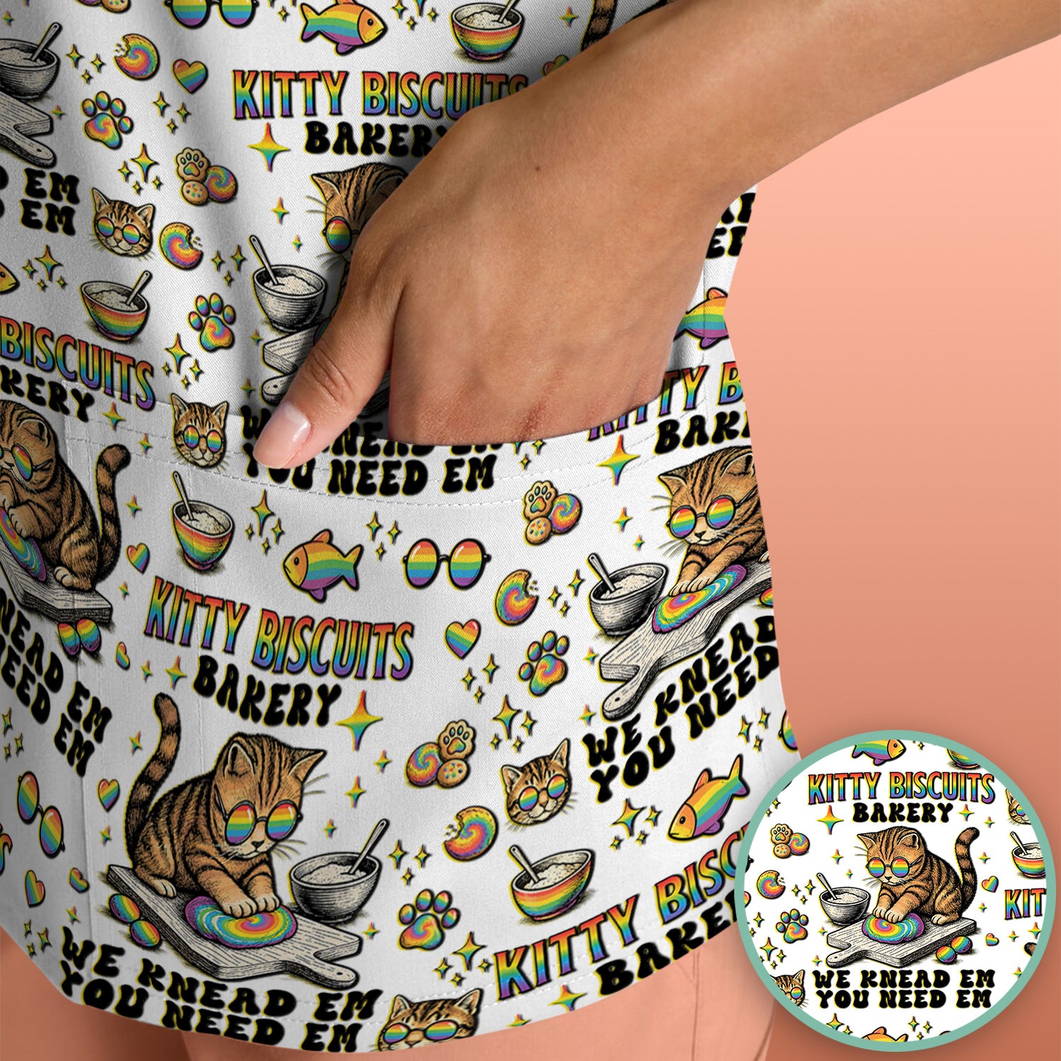 Pride Nurse Cat Baking Rainbow Dough Pattern Scrub Top, Breathable Fabrics Nursing Uniform