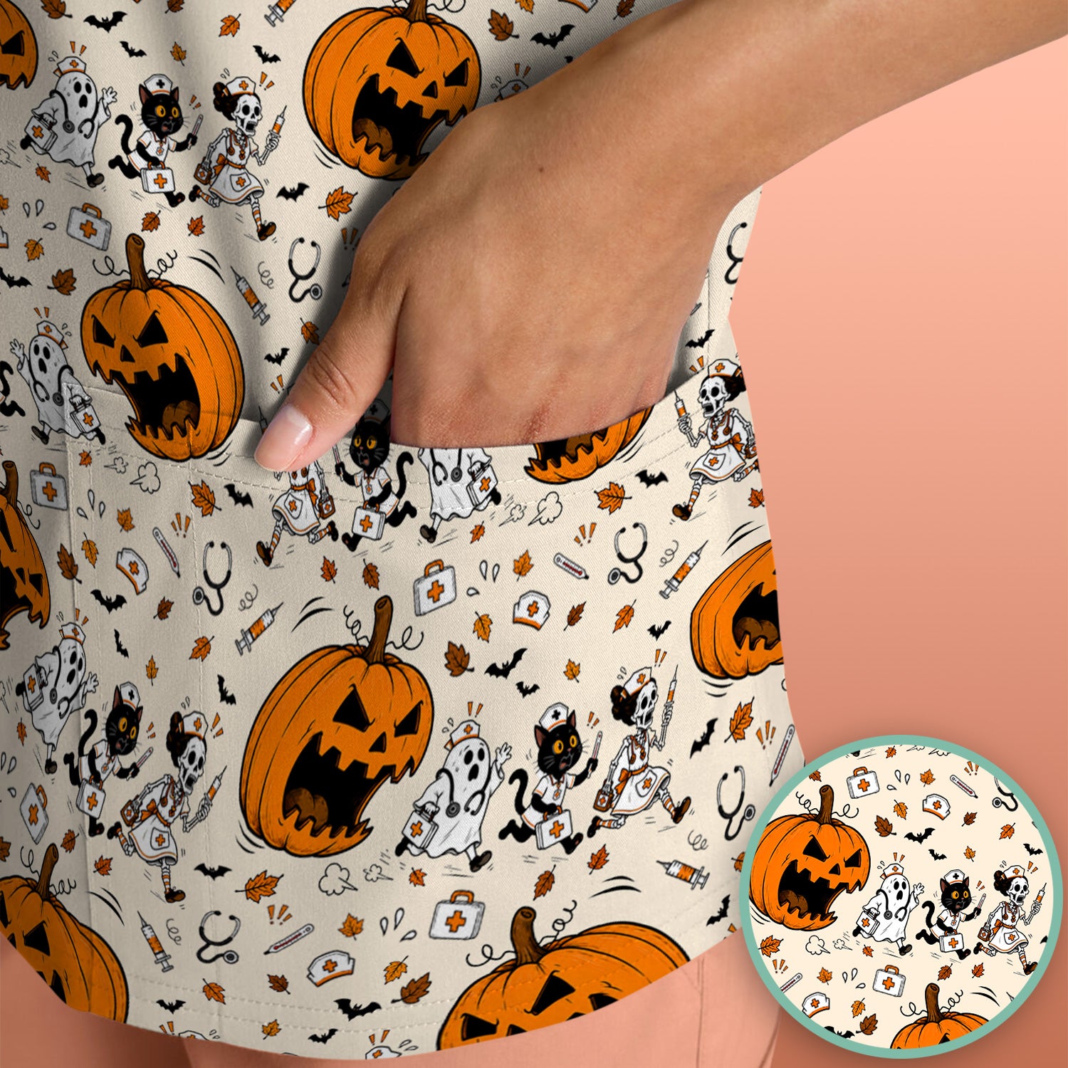 Funny Halloween Pumpkin Chasing Nurses Scrub Top, Comfortable Scrubs for Nurses