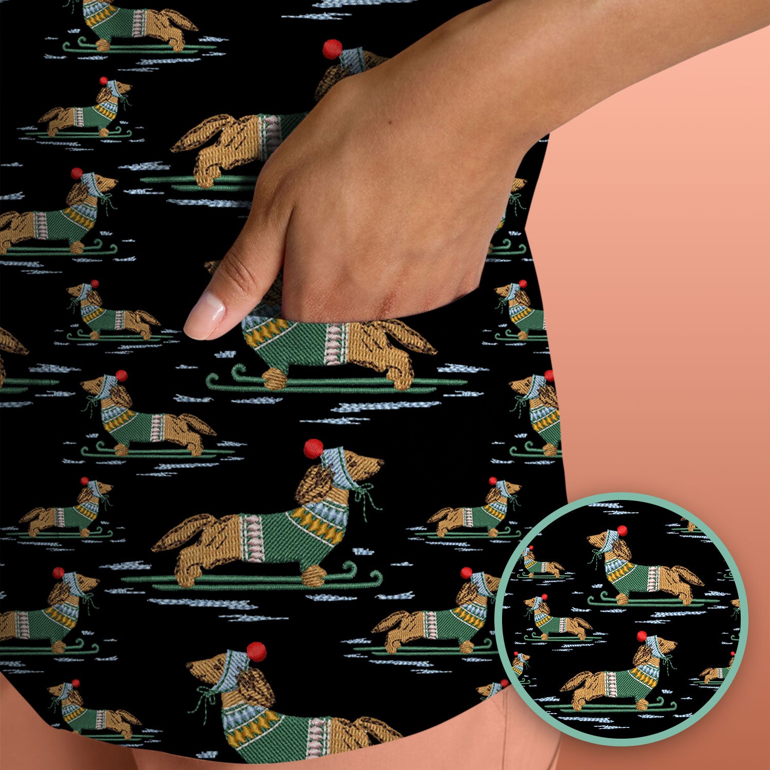 Dachshund Nurse Scrub Top, Wiener Dog Winter Pattern Shirt, Breathable Fabrics Nursing Uniform