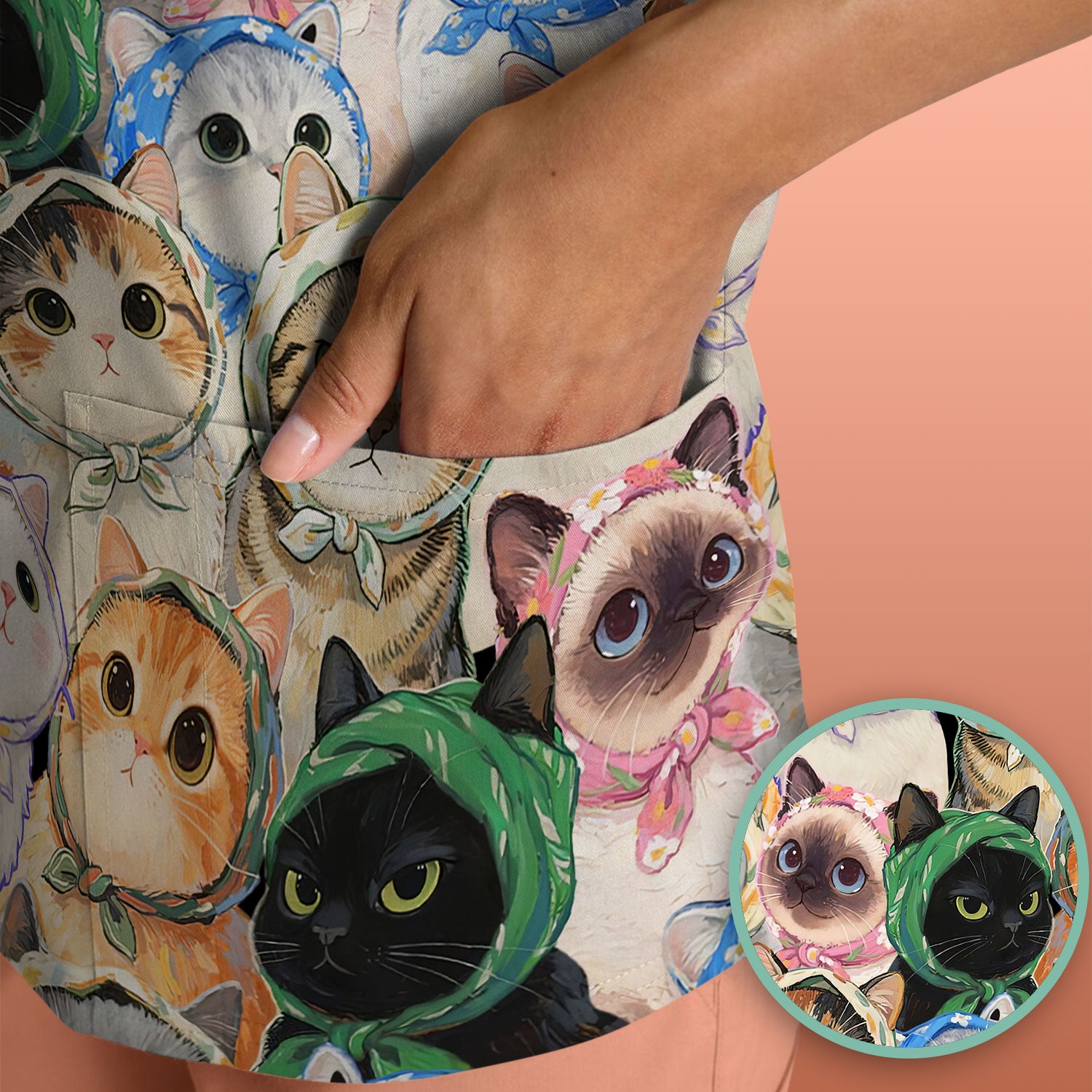 Adorable Multi Cat Portrait Pattern Scrub Top, Comfortable Scrubs for Nurses