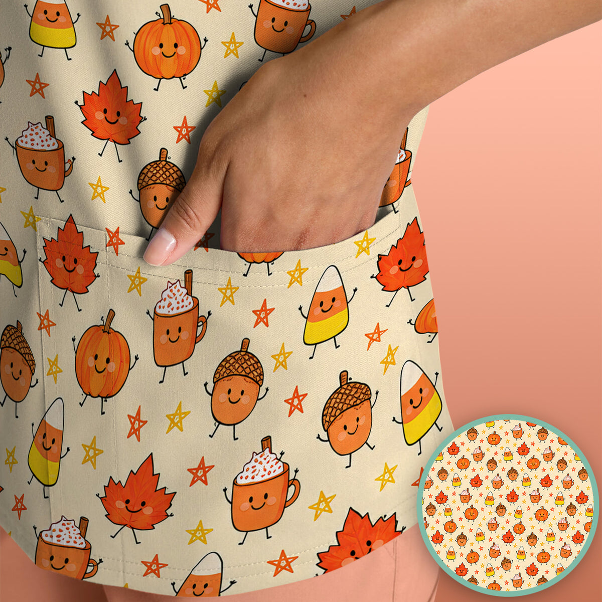 Cute Fall Pumpkin Spice Doodles Scrub Top, Comfortable Scrubs for Nurses