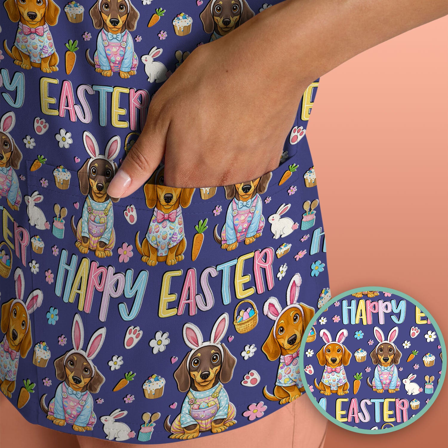 Happy Easter Dachshund Bunny Print Scrub Top, Comfortable Scrubs for Nurses
