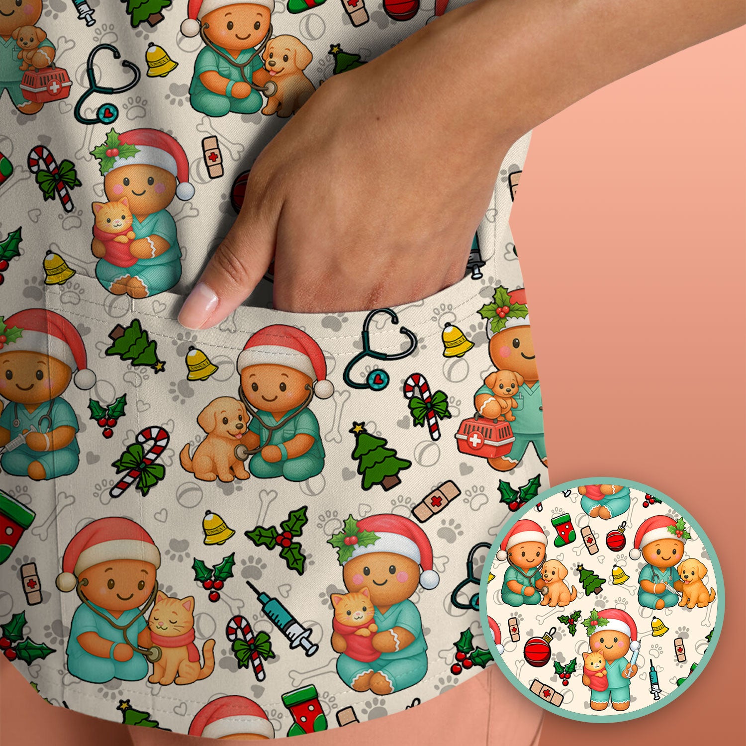 Cute Pharmacy Christmas Scrub Top – Funny Gingerbread Nurse Print Shirt – Festive Holiday Medical Uniform for Pharmacy Tech and Doctor