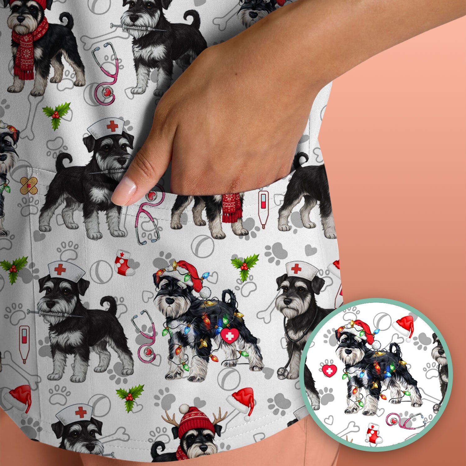 Christmas Schnauzer Scrubs for Nurses - Cute Dog Holiday Scrub Top - Funny Santa Nursing Medical Shirt for Women