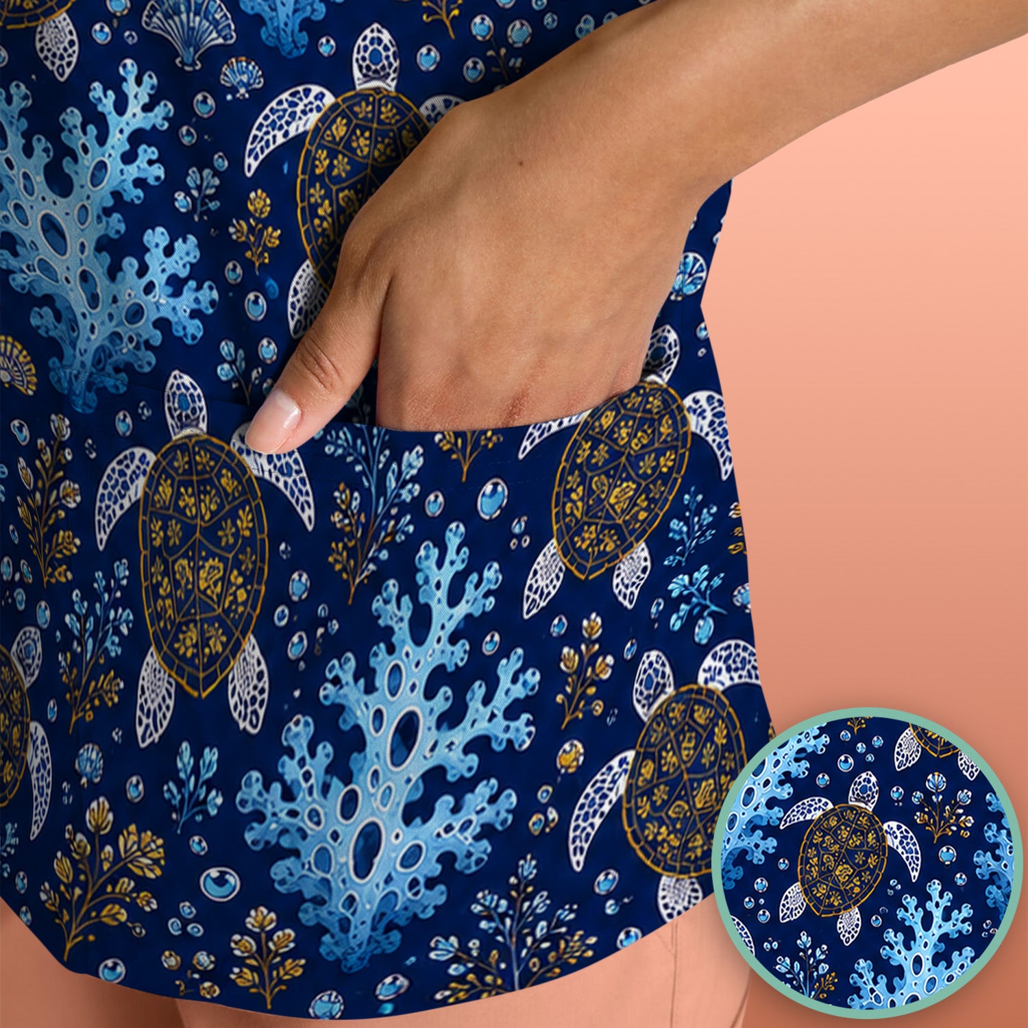 Ocean Turtle Coral Nurse Pattern Scrub Top for RN, CNA, Coastal Sea Life Medical Uniform