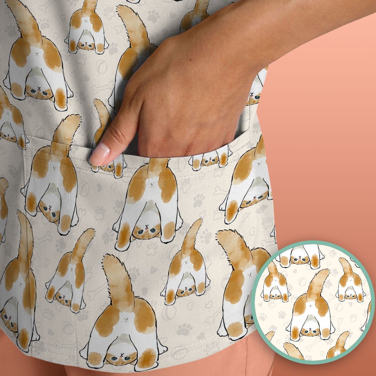 Cute Cat Butt Nurse Scrub Top, Cat Pattern Medical Shirt For Pet Lover, Breathable Fabrics Nursing Uniform